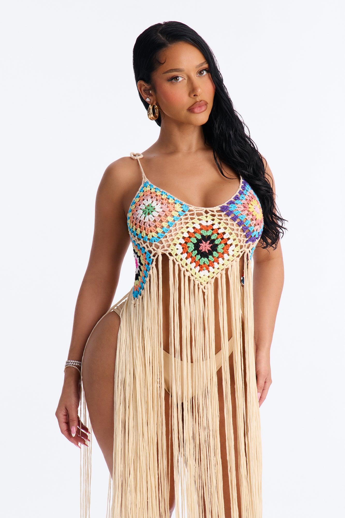 Indira Crochet Cover Up Fringe Dress - Tan/Multi