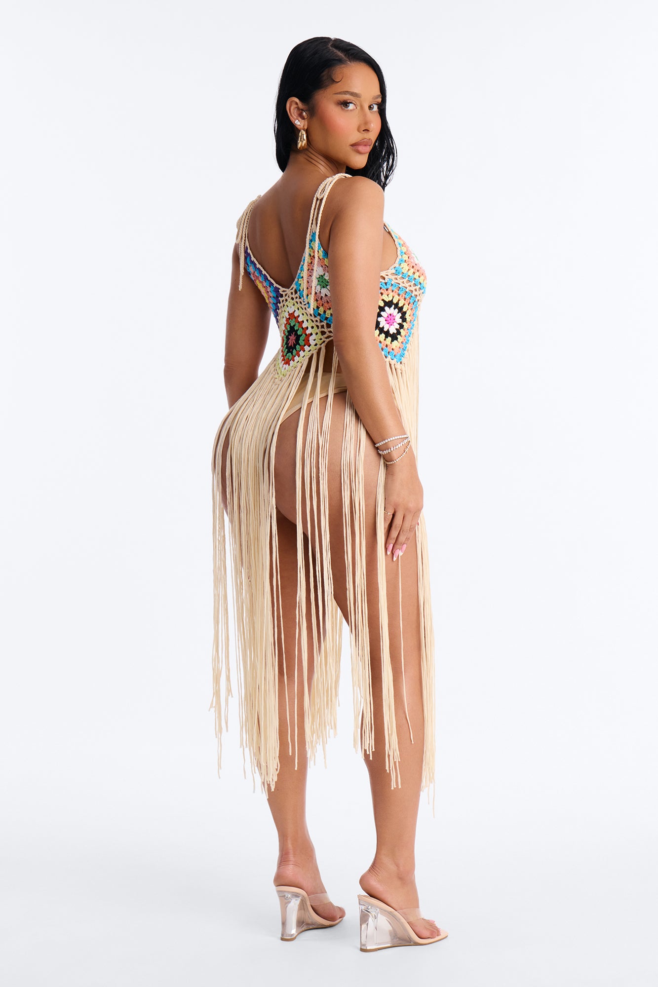Indira Crochet Cover Up Fringe Dress - Tan/Multi