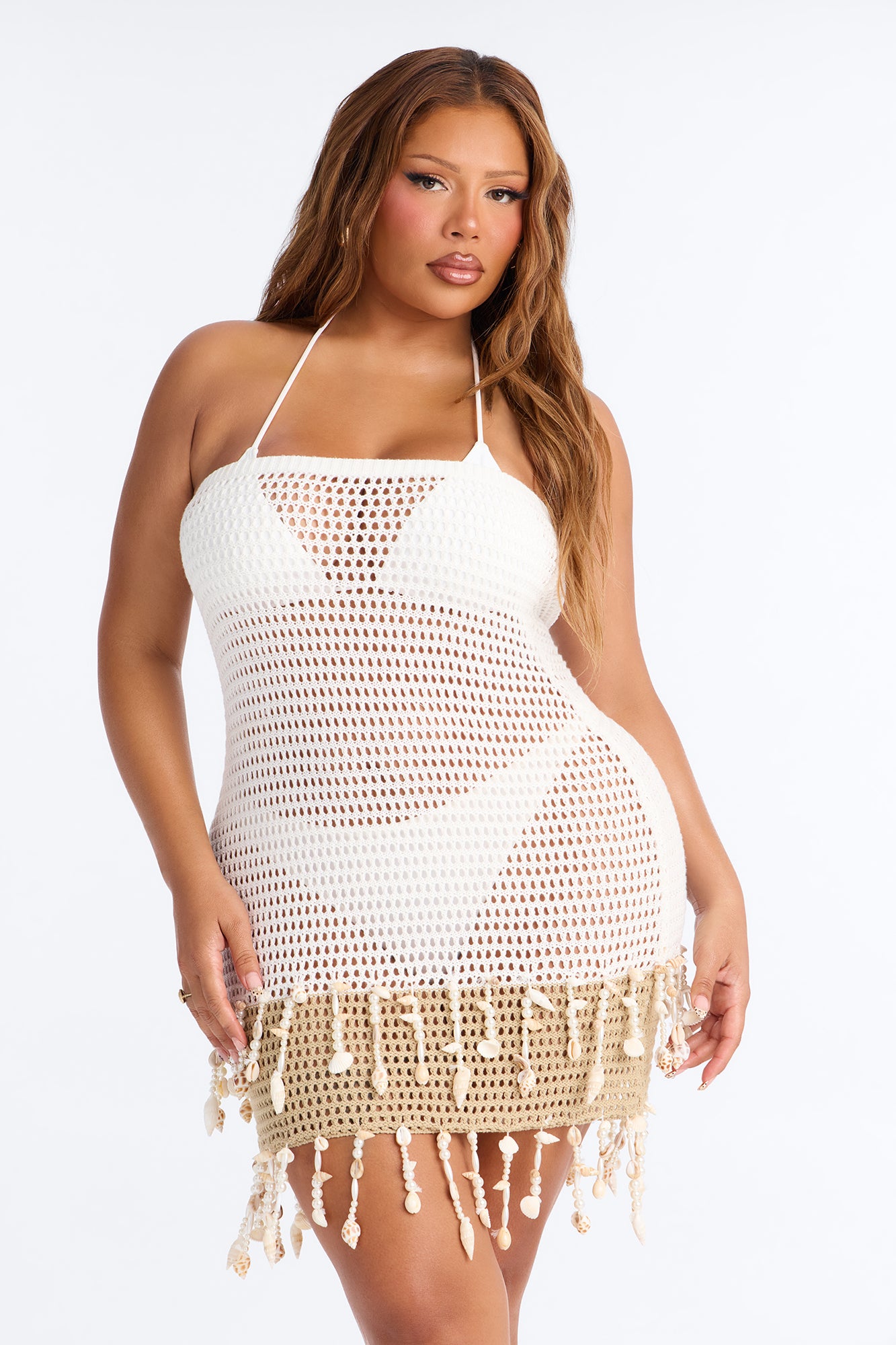 Mira Crochet Shell Swim Cover Up Strapless Dress - White/combo