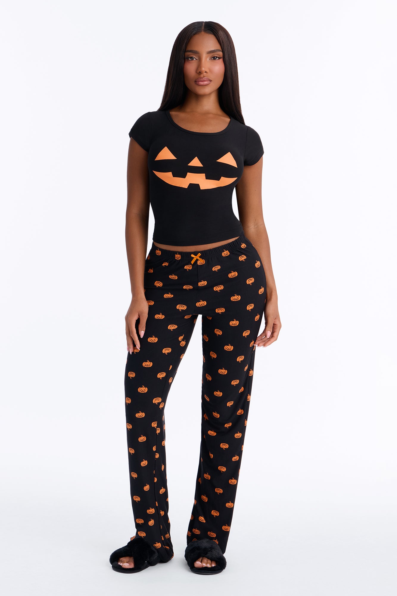 Spooky Snuggles Cropped Tee Halloween PJ Pant Set - Black/Orange