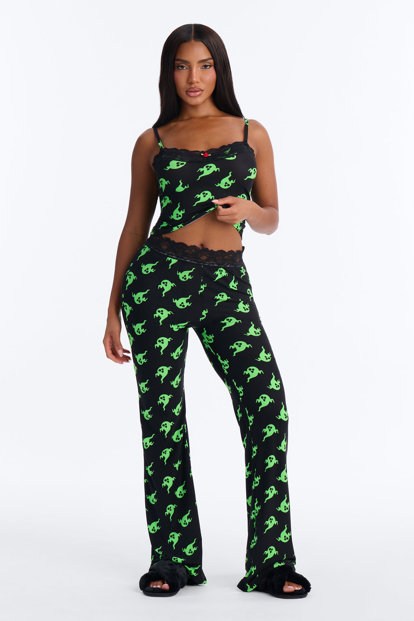 Ghostin' Around Halloween Cami PJ Pant Set - Black/Green
