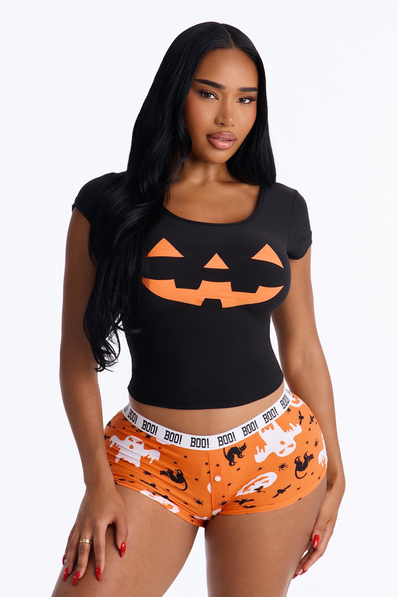 Pumpkin You Out Halloween PJ Cropped Tee & Boyshort Set - Black/Orange