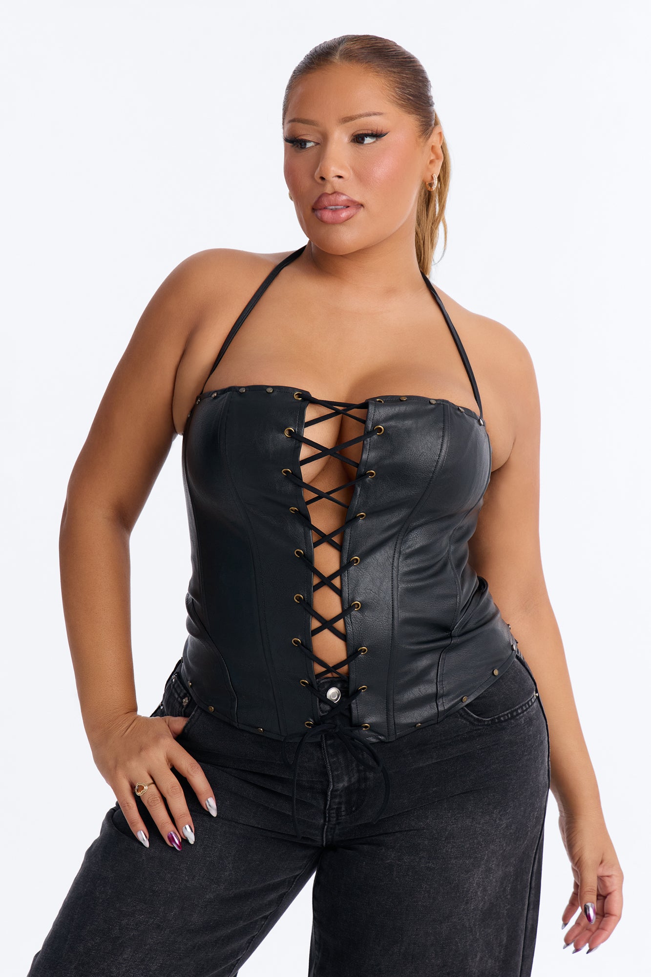 Sienna Faux Leather Corset Top - Black