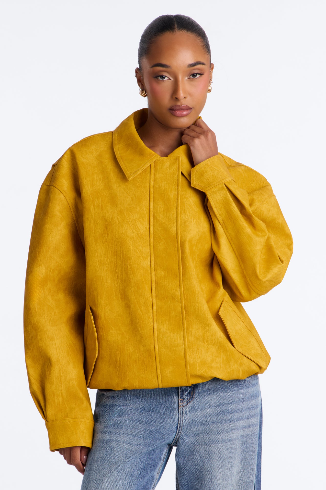Alexis Washed Faux Leather Bomber Jacket - Mustard