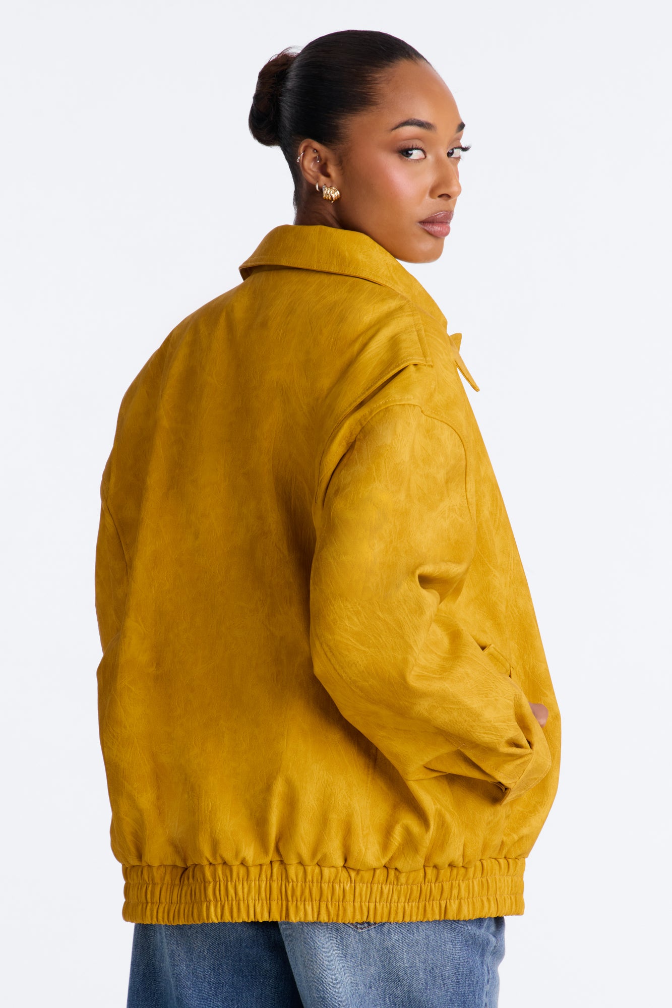 Alexis Washed Faux Leather Bomber Jacket - Mustard