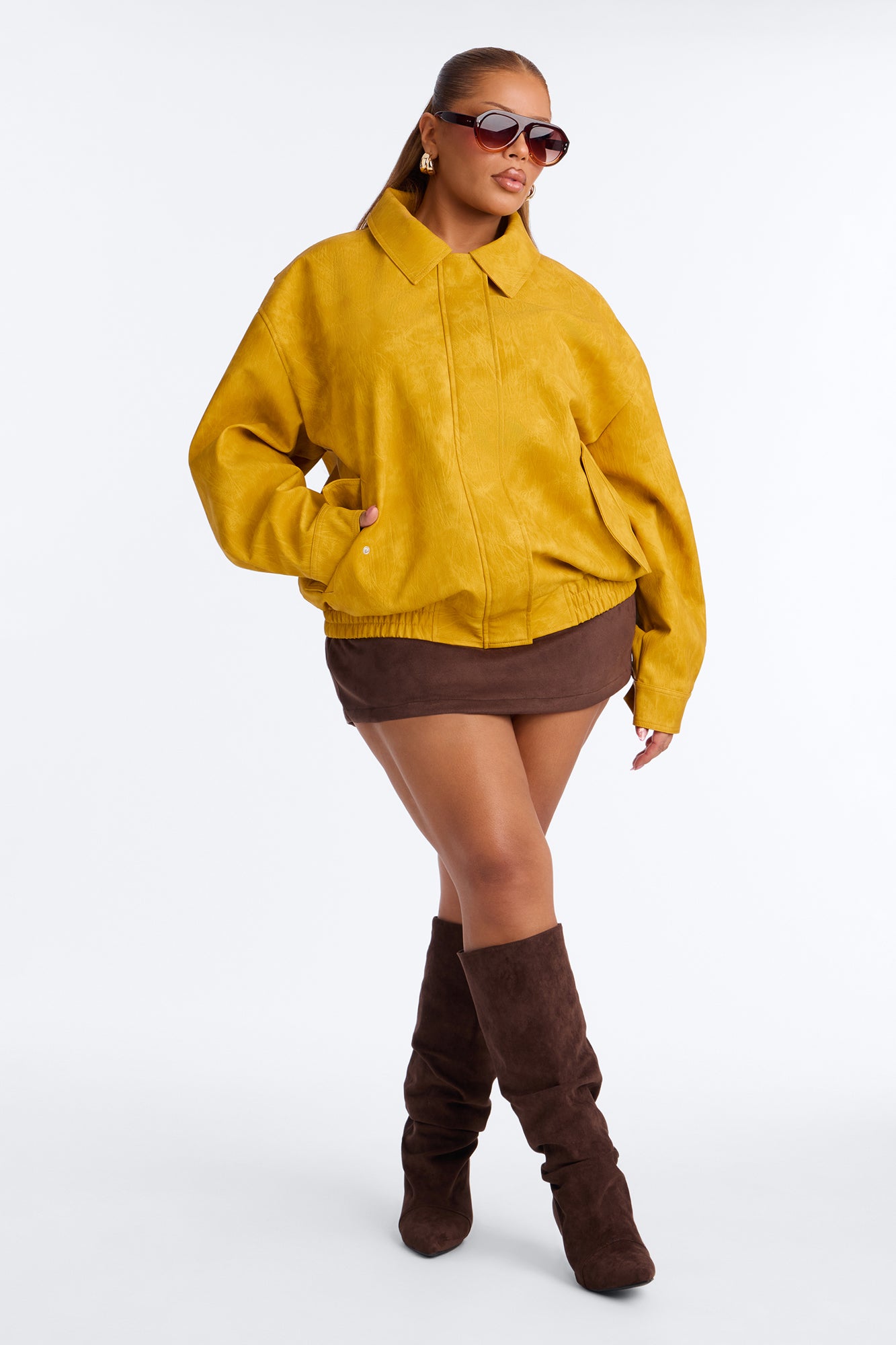 Alexis Washed Faux Leather Bomber Jacket - Mustard