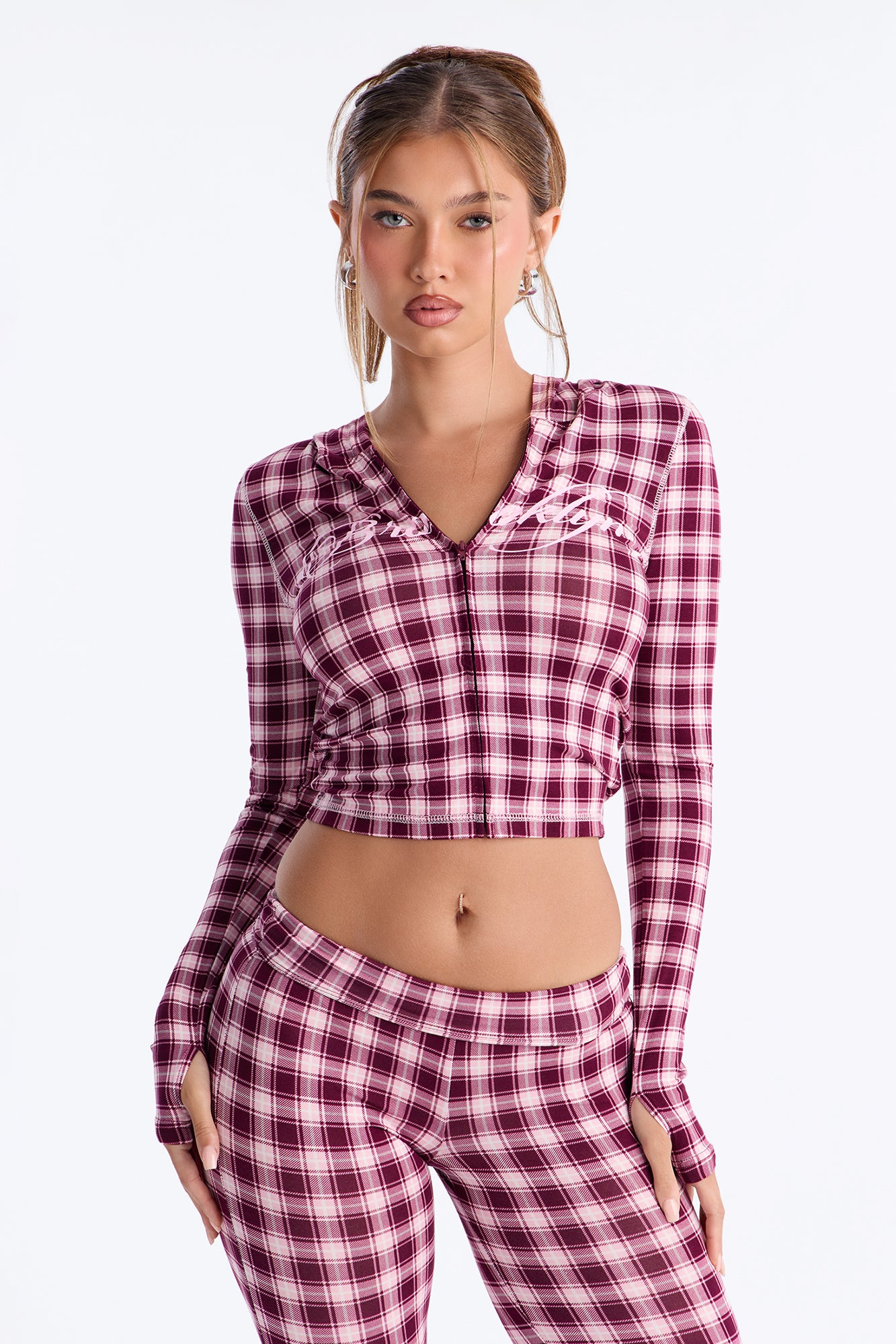 Brooklyn Plaid Zip Up Pant Set - Burgundy/combo
