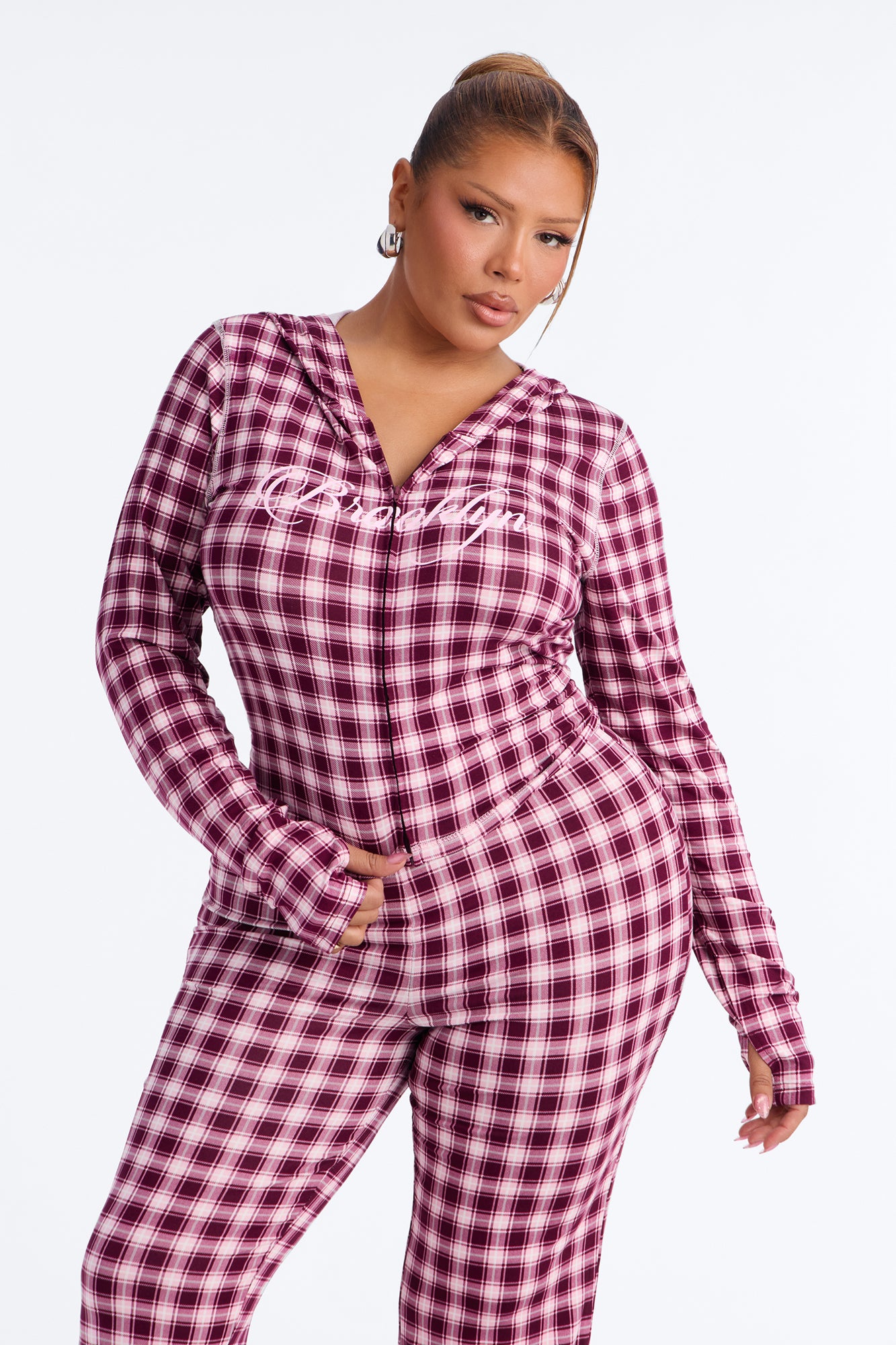 Brooklyn Plaid Zip Up Pant Set - Burgundy/combo