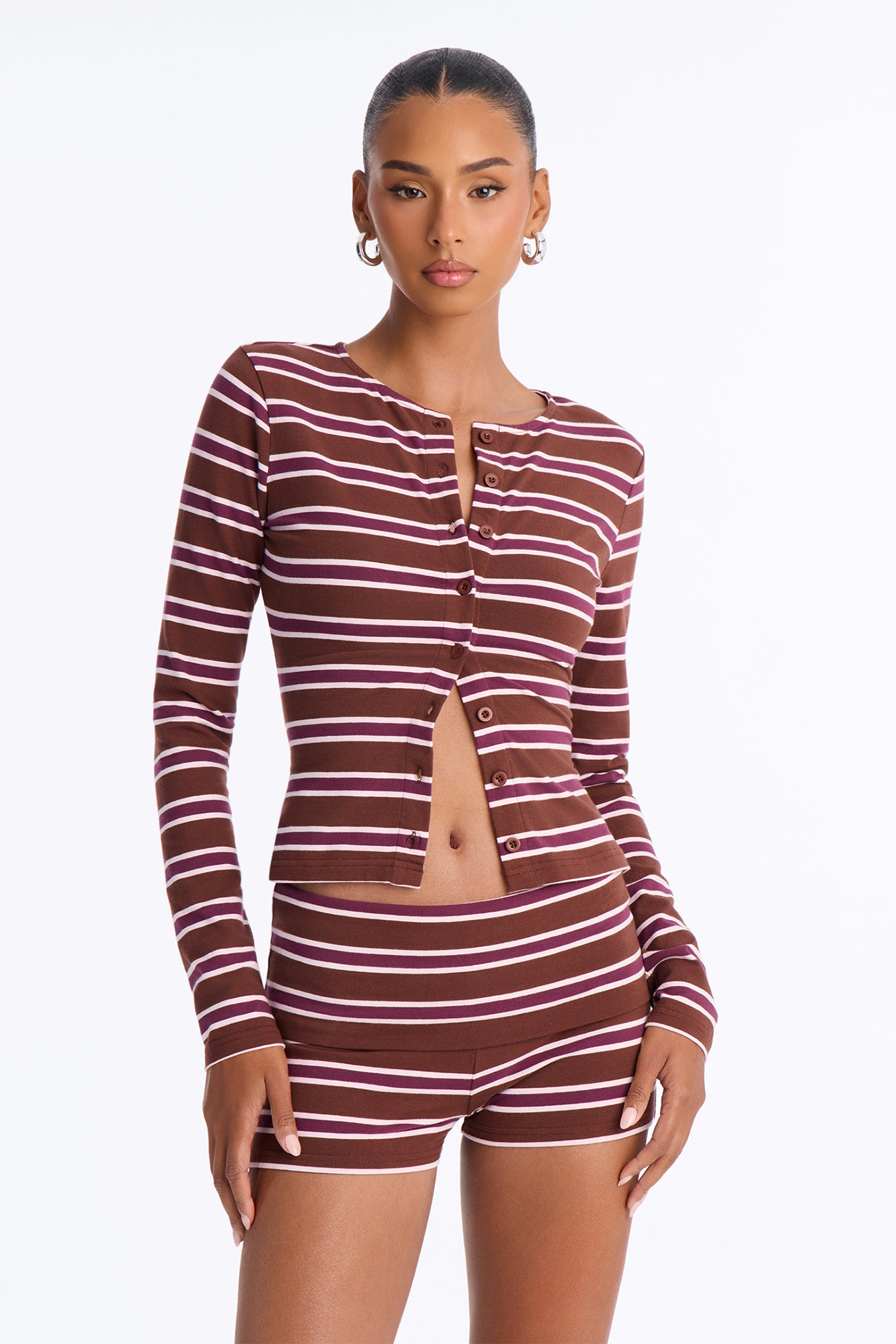 Mina Striped Button Up Knit Top - Brown/combo