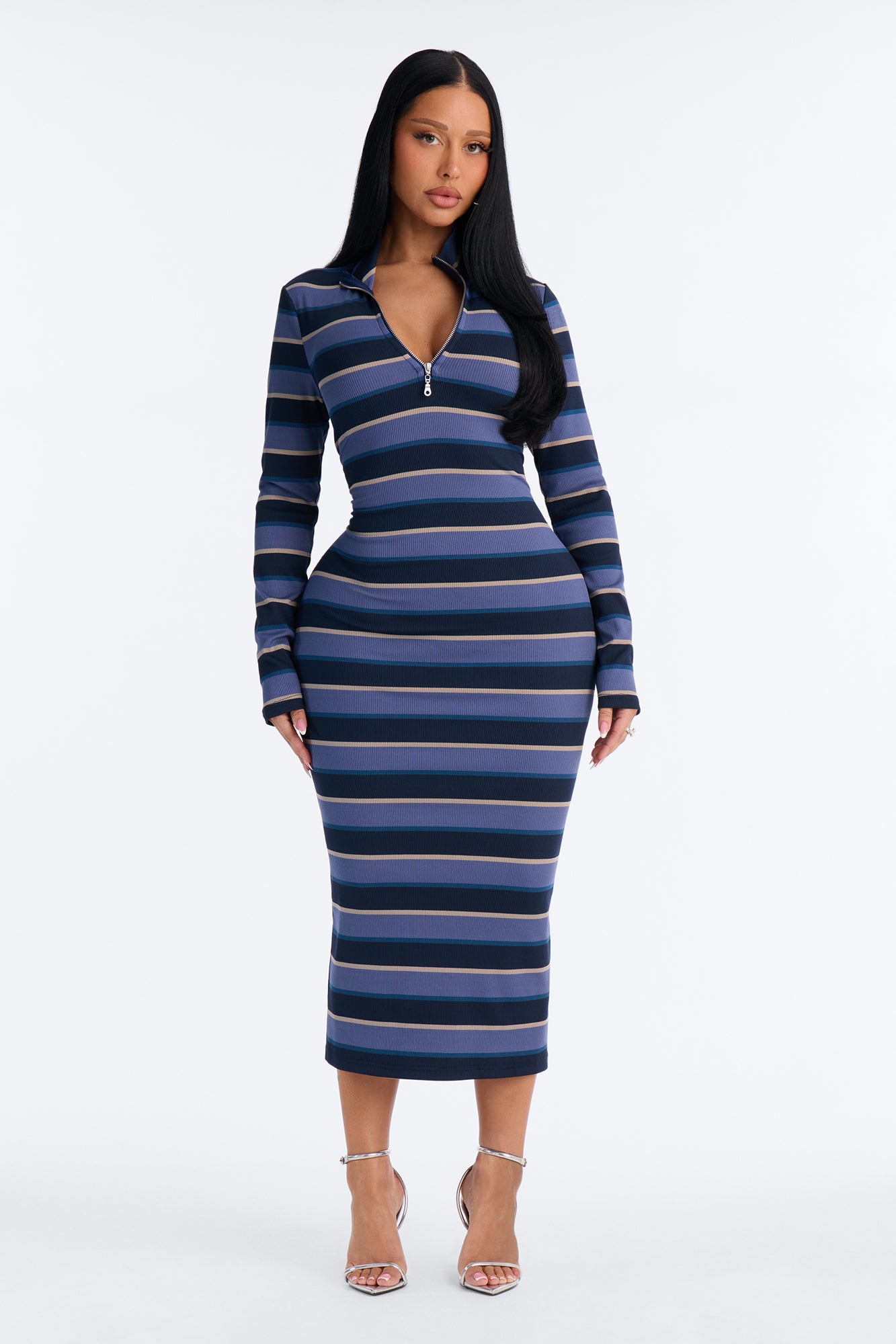 Casual Charm Striped Ribbed Midi Dress - Blue/combo