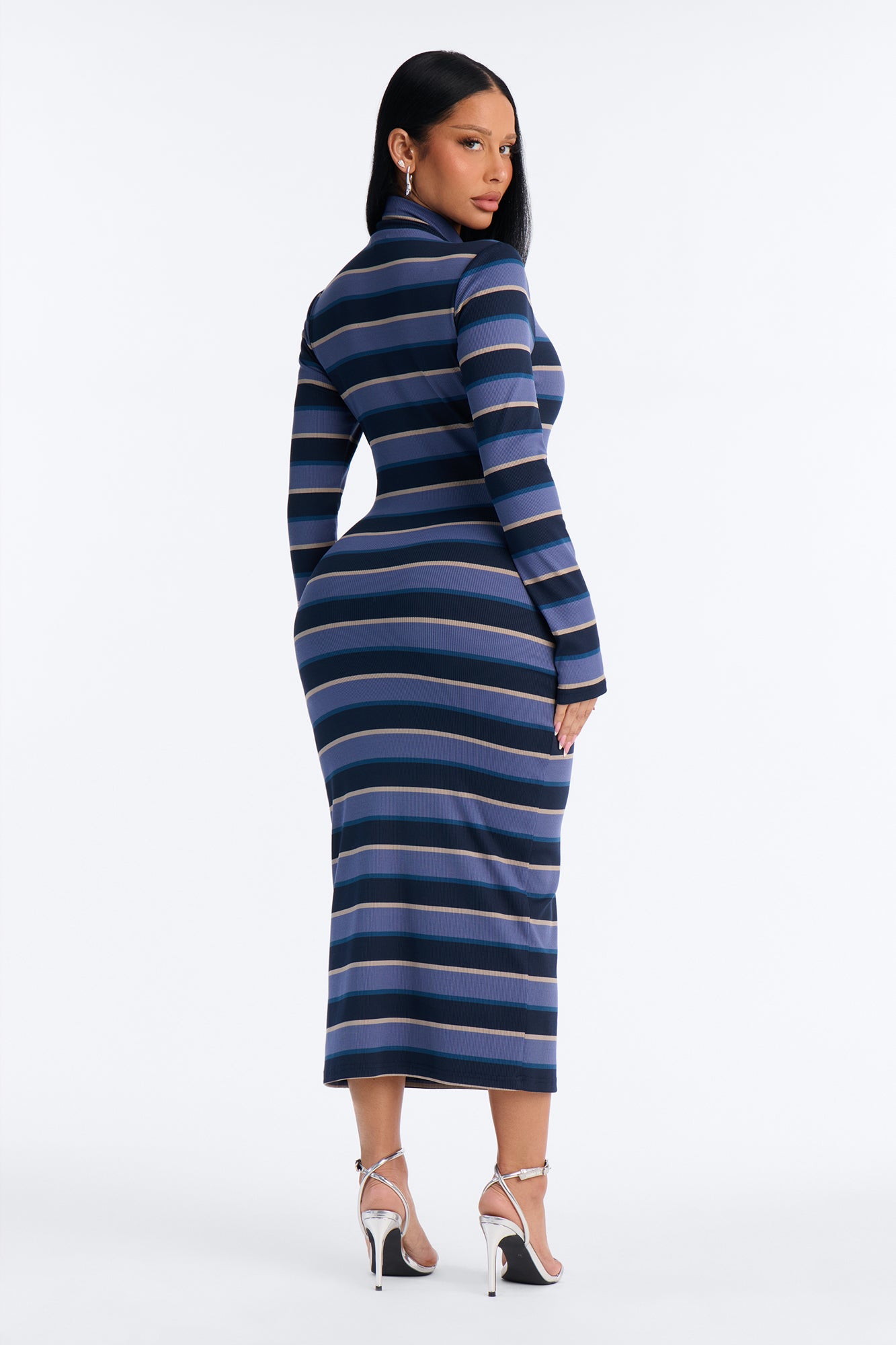 Casual Charm Striped Ribbed Midi Dress - Blue/combo