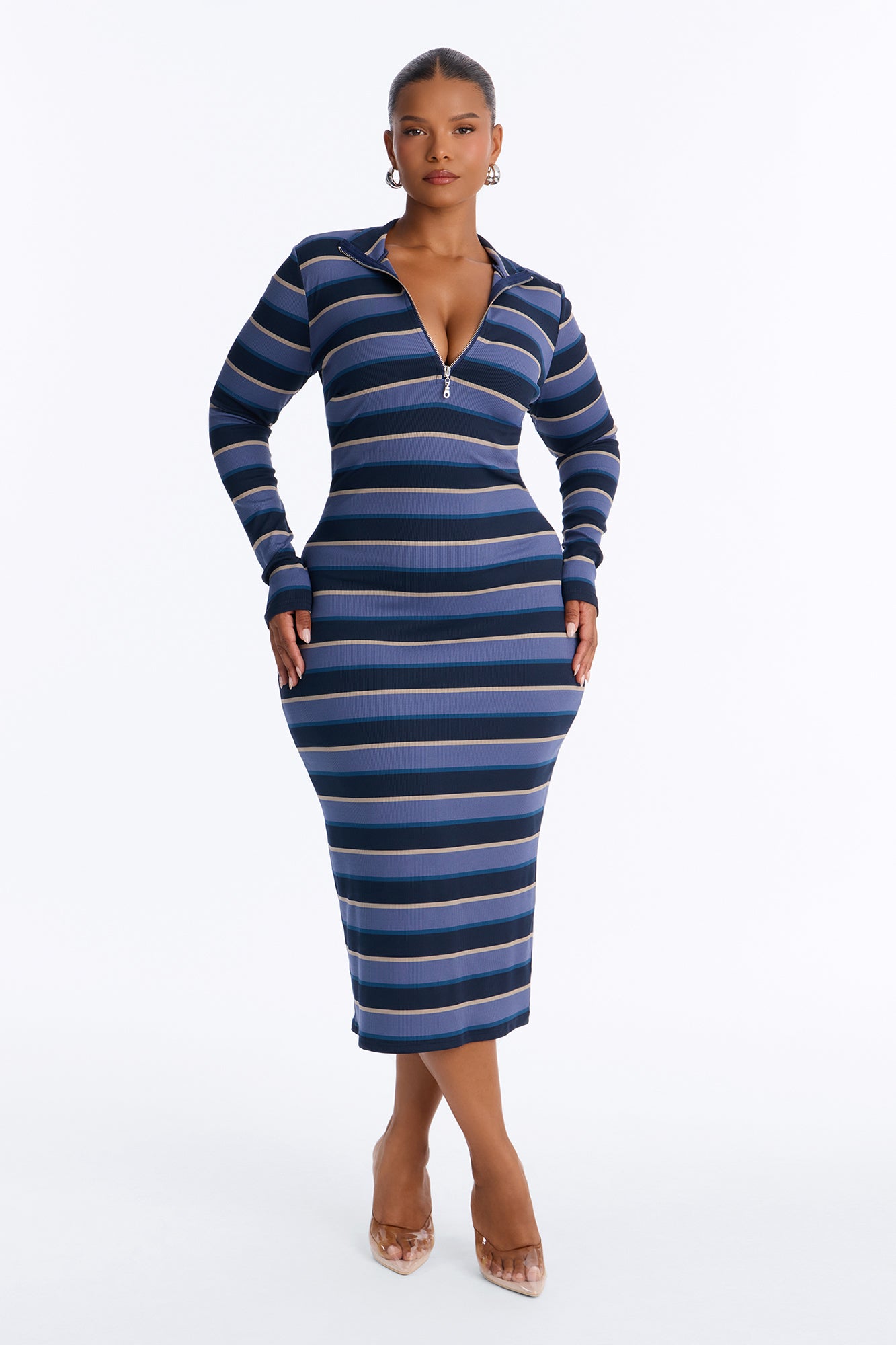 Casual Charm Striped Ribbed Midi Dress - Blue/combo