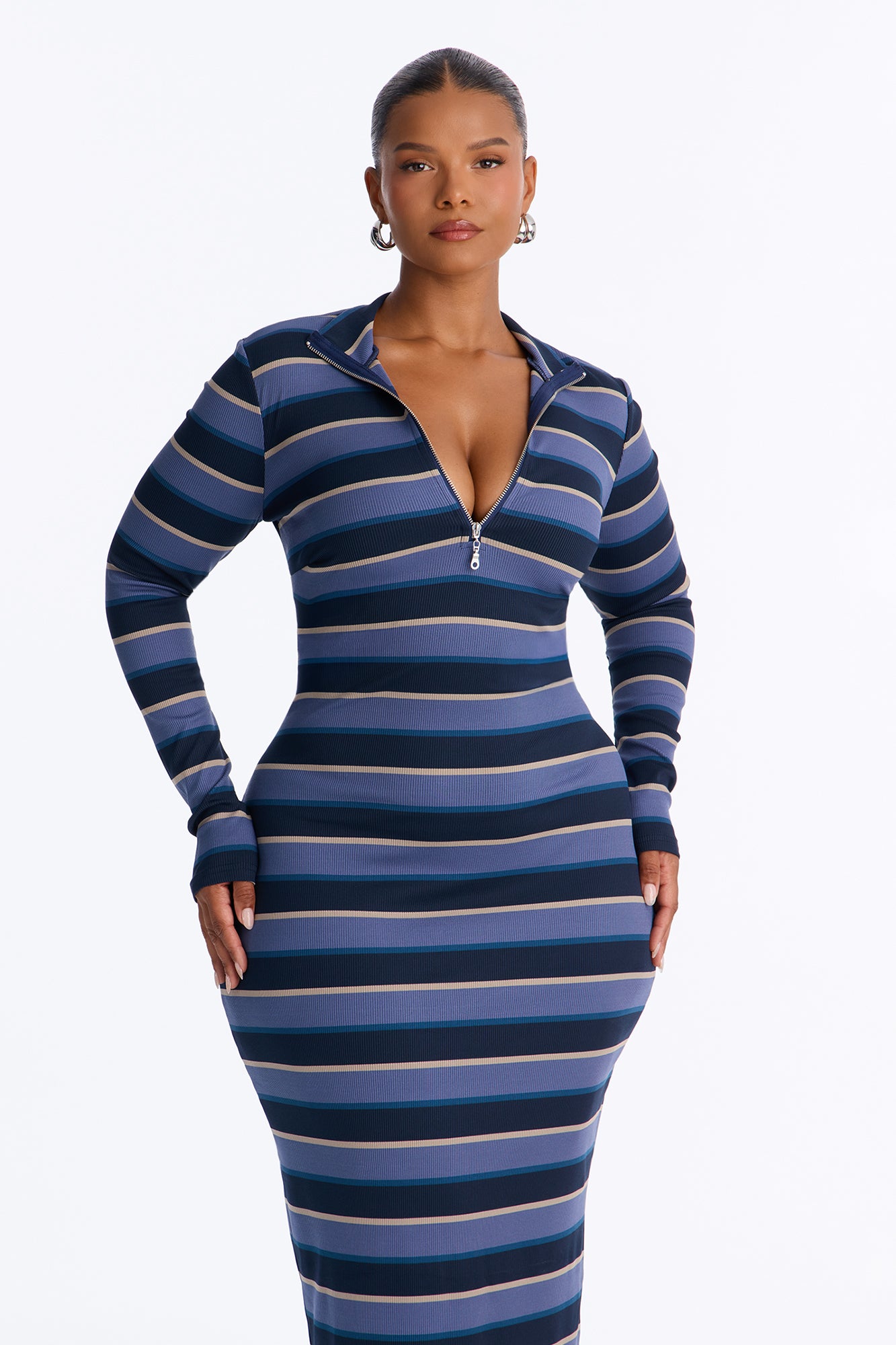 Casual Charm Striped Ribbed Midi Dress - Blue/combo