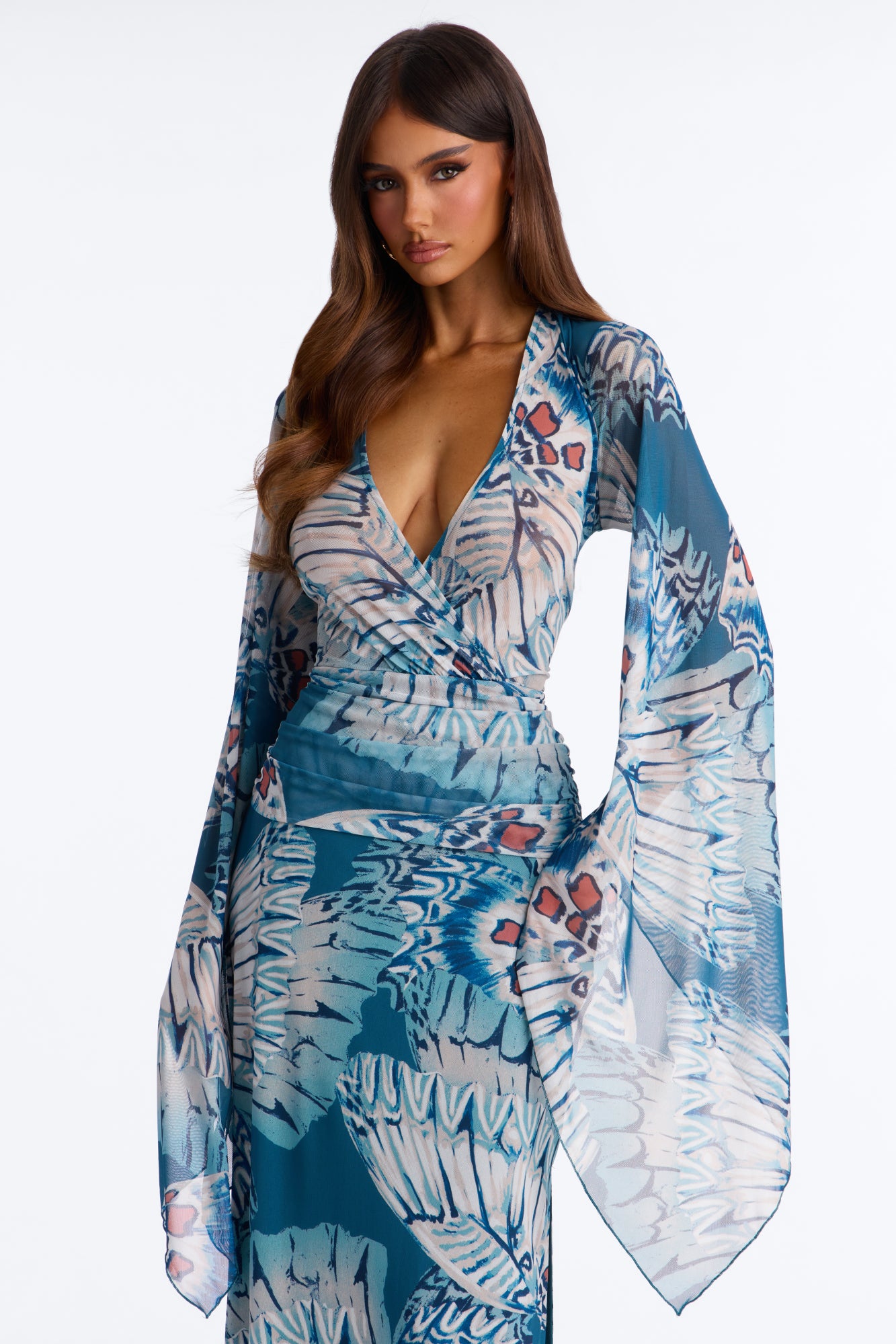 Miss Trendsetter Long Sleeve Mesh Maxi Dress - Blue/combo