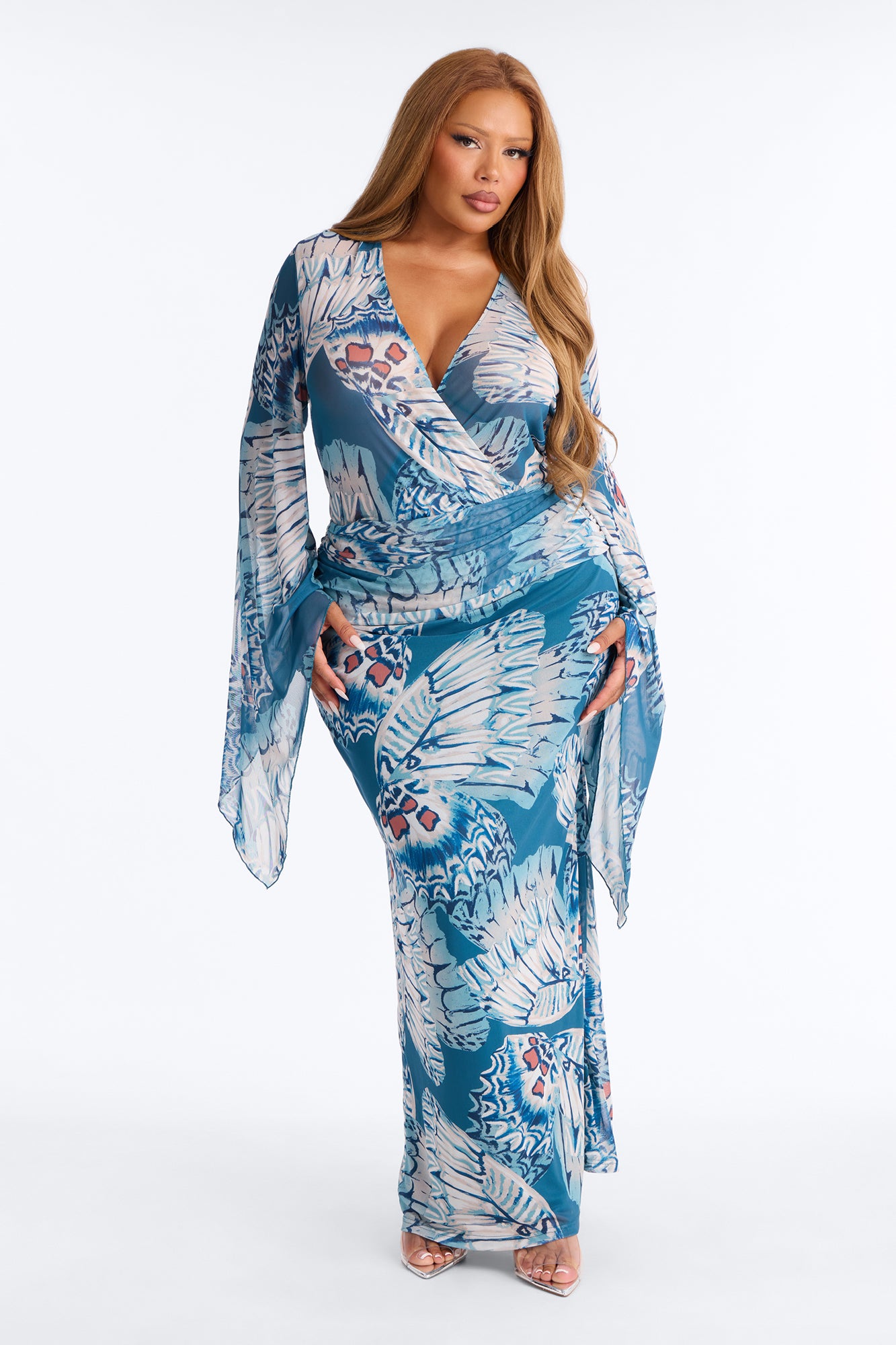 Miss Trendsetter Long Sleeve Mesh Maxi Dress - Blue/combo