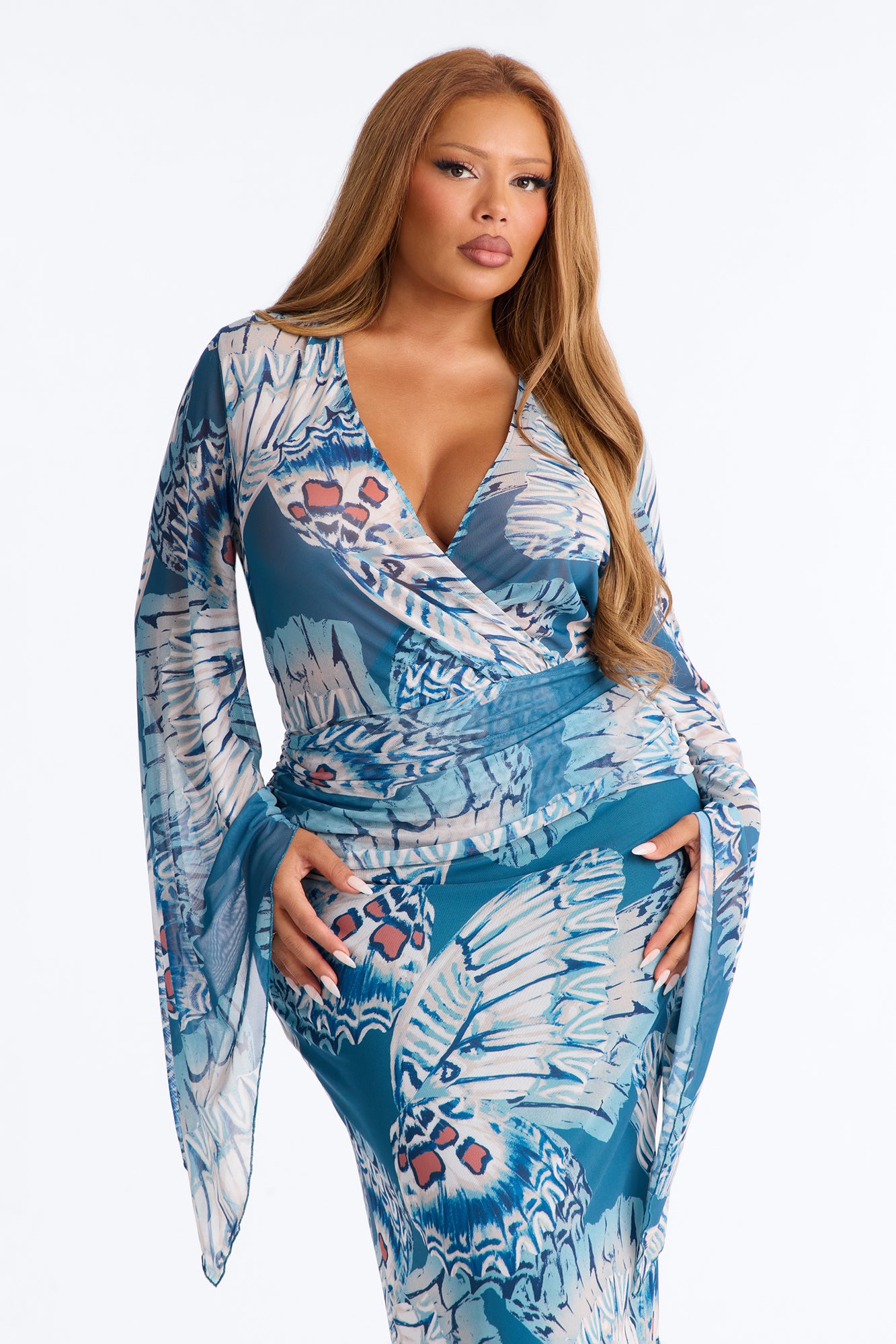 Miss Trendsetter Long Sleeve Mesh Maxi Dress - Blue/combo