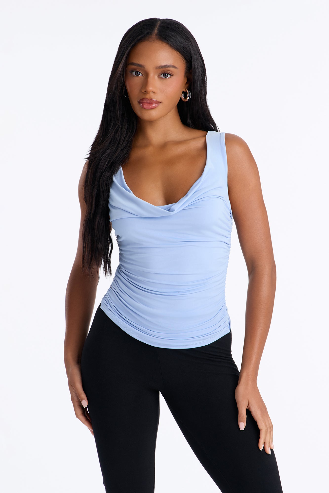 Sabrina Cowl Neck Back Cut Out Sleeveless Top - Blue