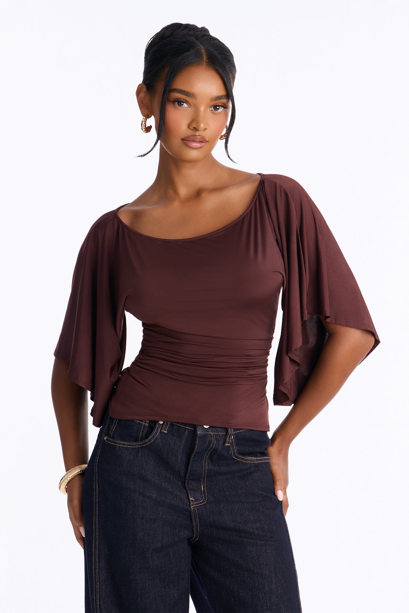 Cierra Cinched Waist Short Sleeve Top - Chocolate
