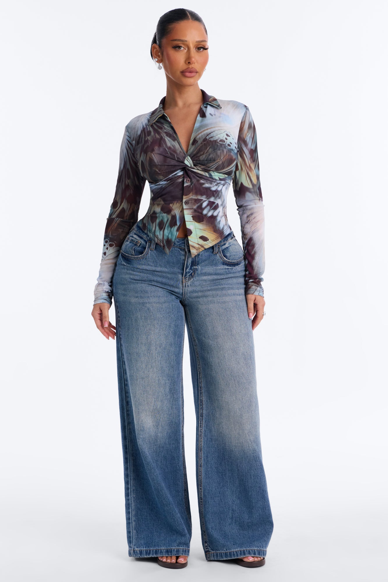 Alondra Abstract Mesh Long Sleeve Shirt - Blue/combo