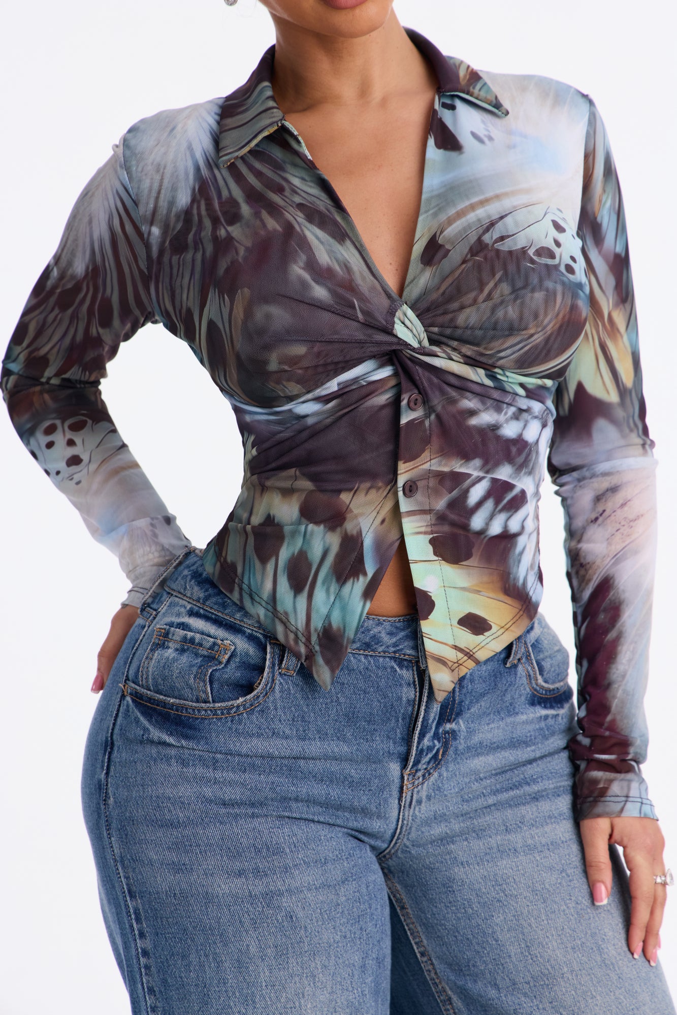 Alondra Abstract Mesh Long Sleeve Shirt - Blue/combo