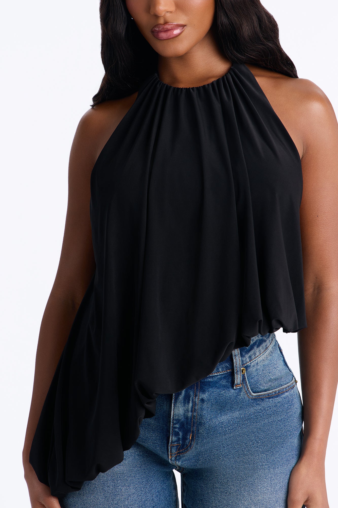 Selena Ruched Asymmetrical Halter Top - Black