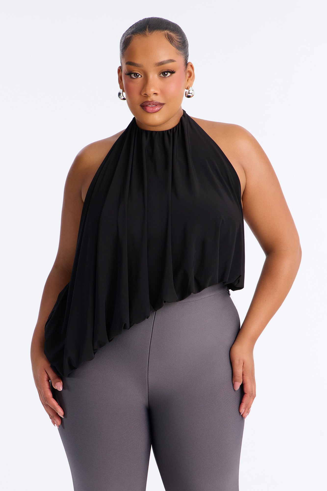 Selena Ruched Asymmetrical Halter Top - Black