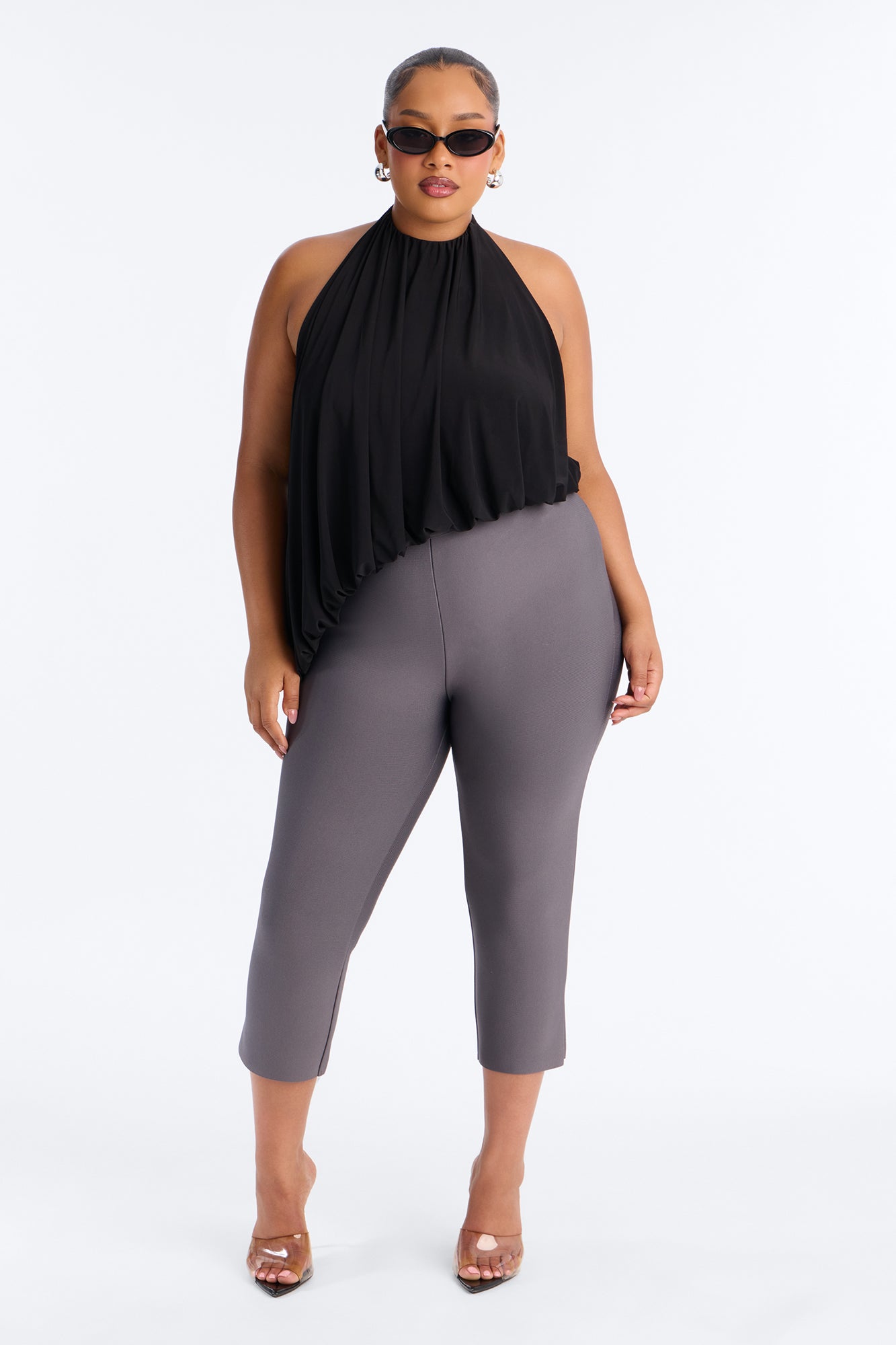 Selena Ruched Asymmetrical Halter Top - Black