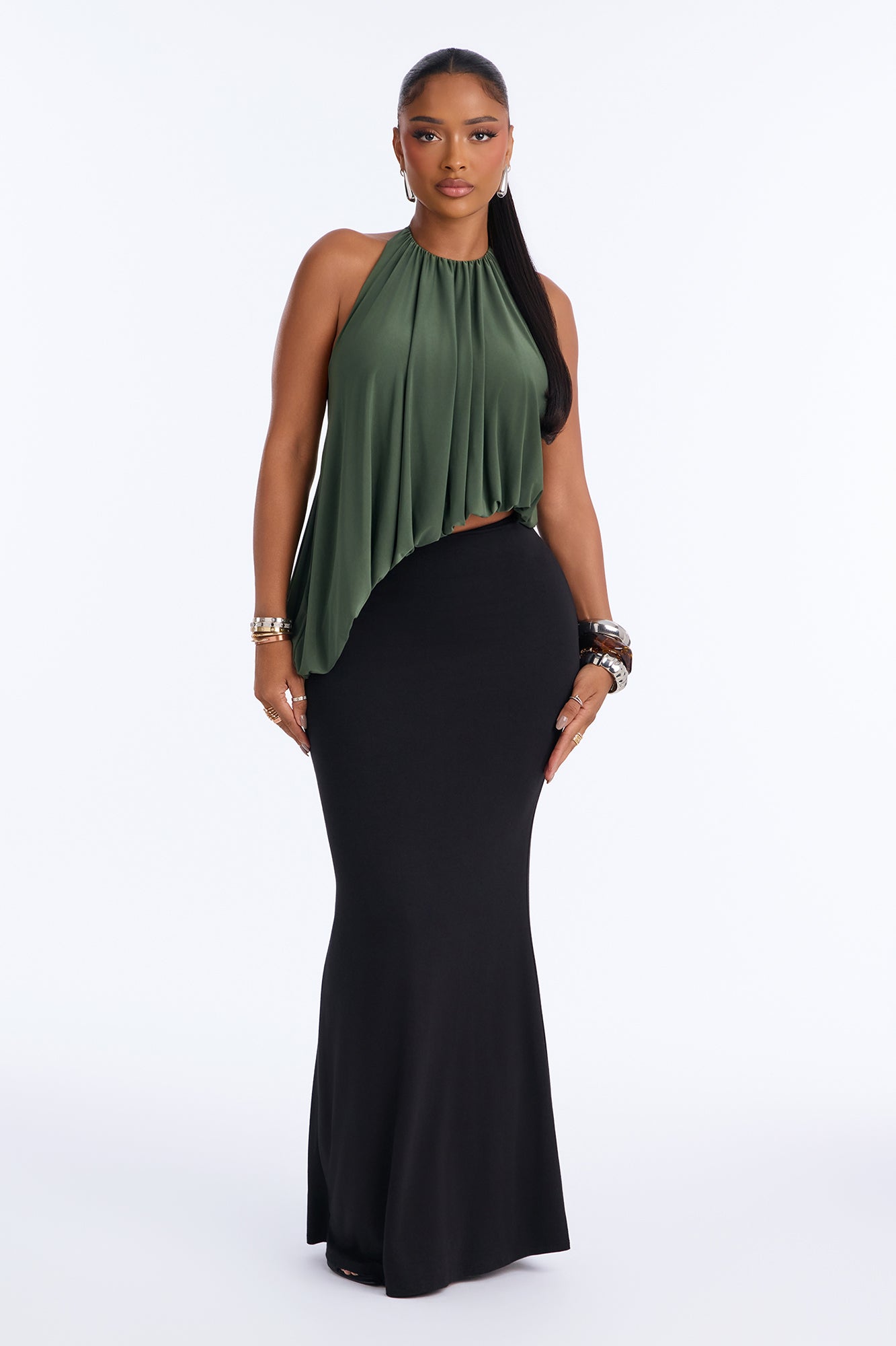 Selena Ruched Asymmetrical Halter Top - Olive
