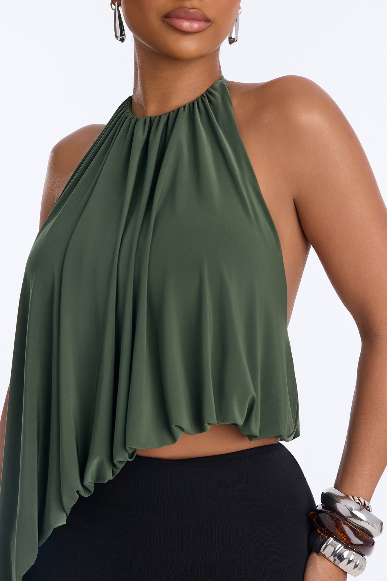 Selena Ruched Asymmetrical Halter Top - Olive