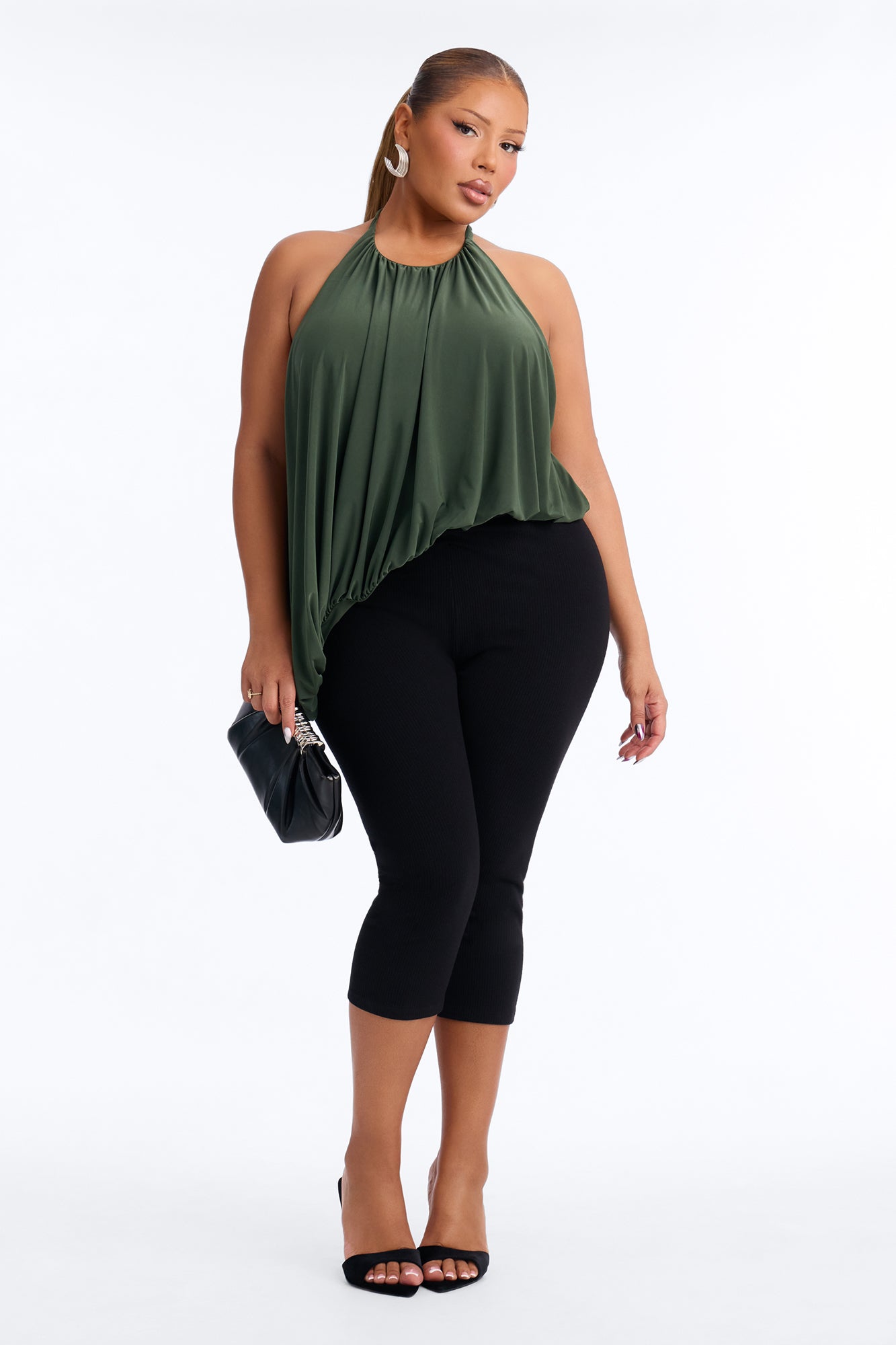 Selena Ruched Asymmetrical Halter Top - Olive