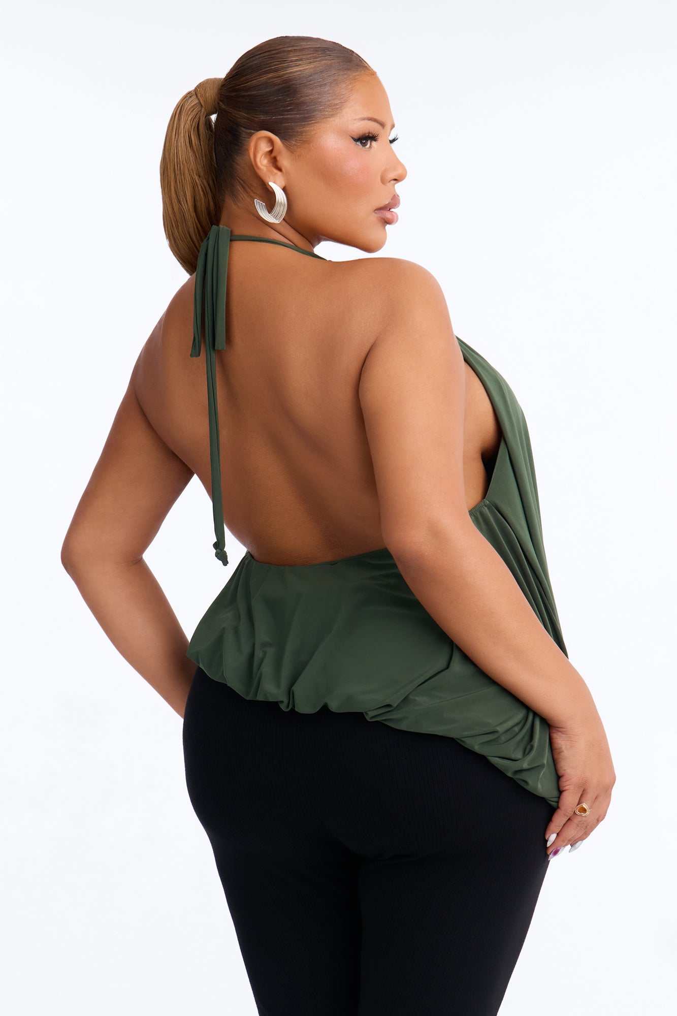 Selena Ruched Asymmetrical Halter Top - Olive