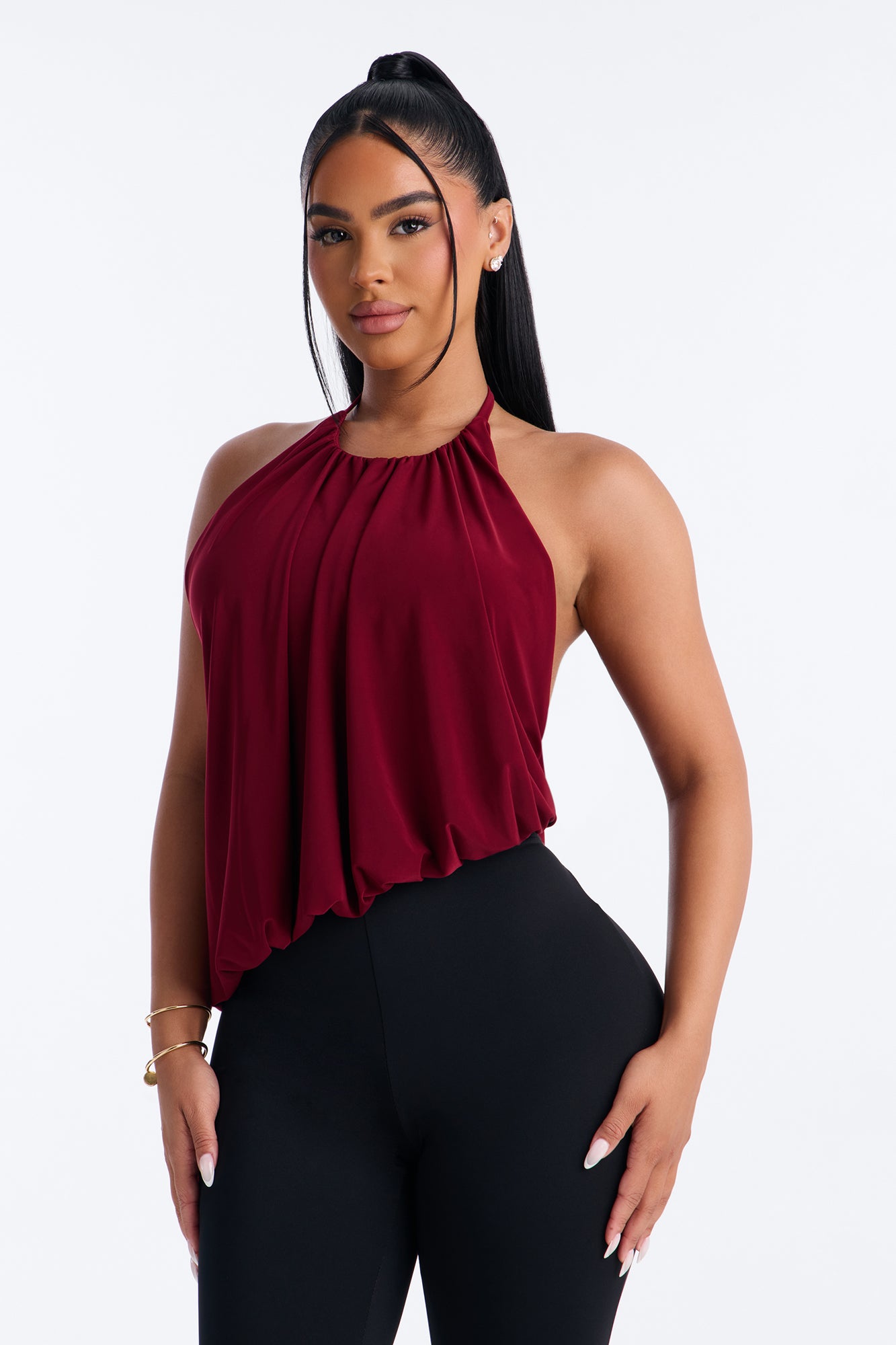 Selena Ruched Asymmetrical Halter Top - Wine