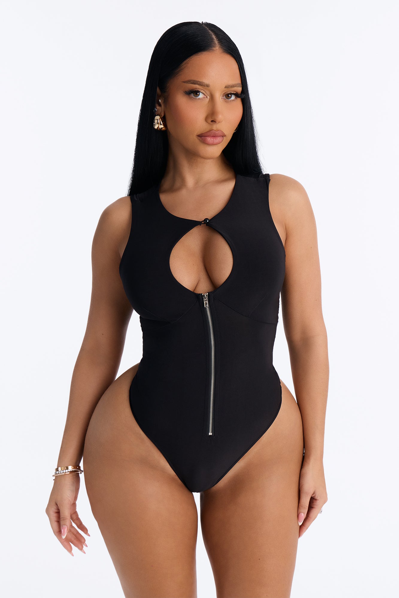 London Cut Out Zipper Sleeveless Bodysuit - Black