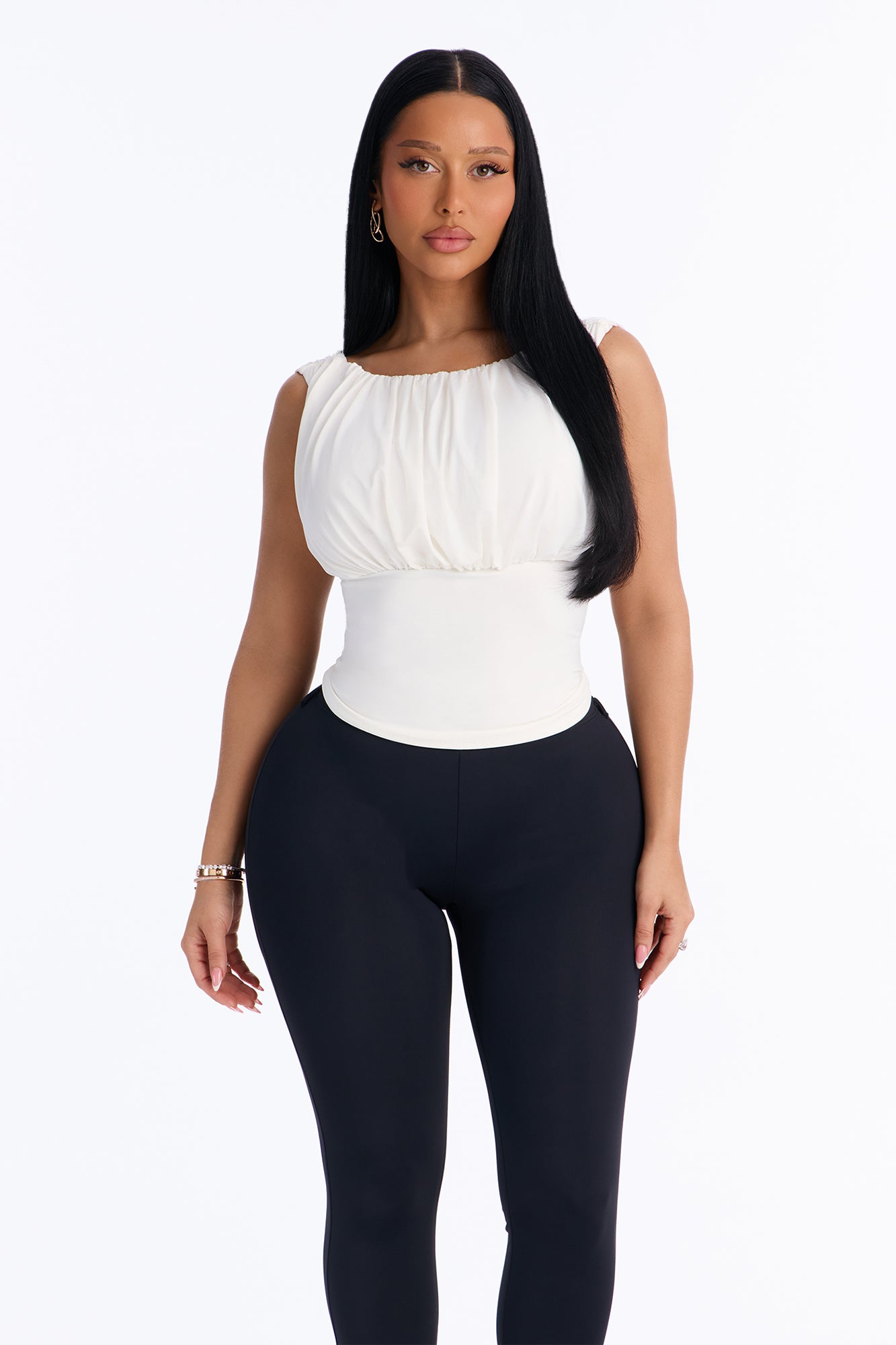 Layla Ruched Boat Neck Sleeveless Top - Ivory