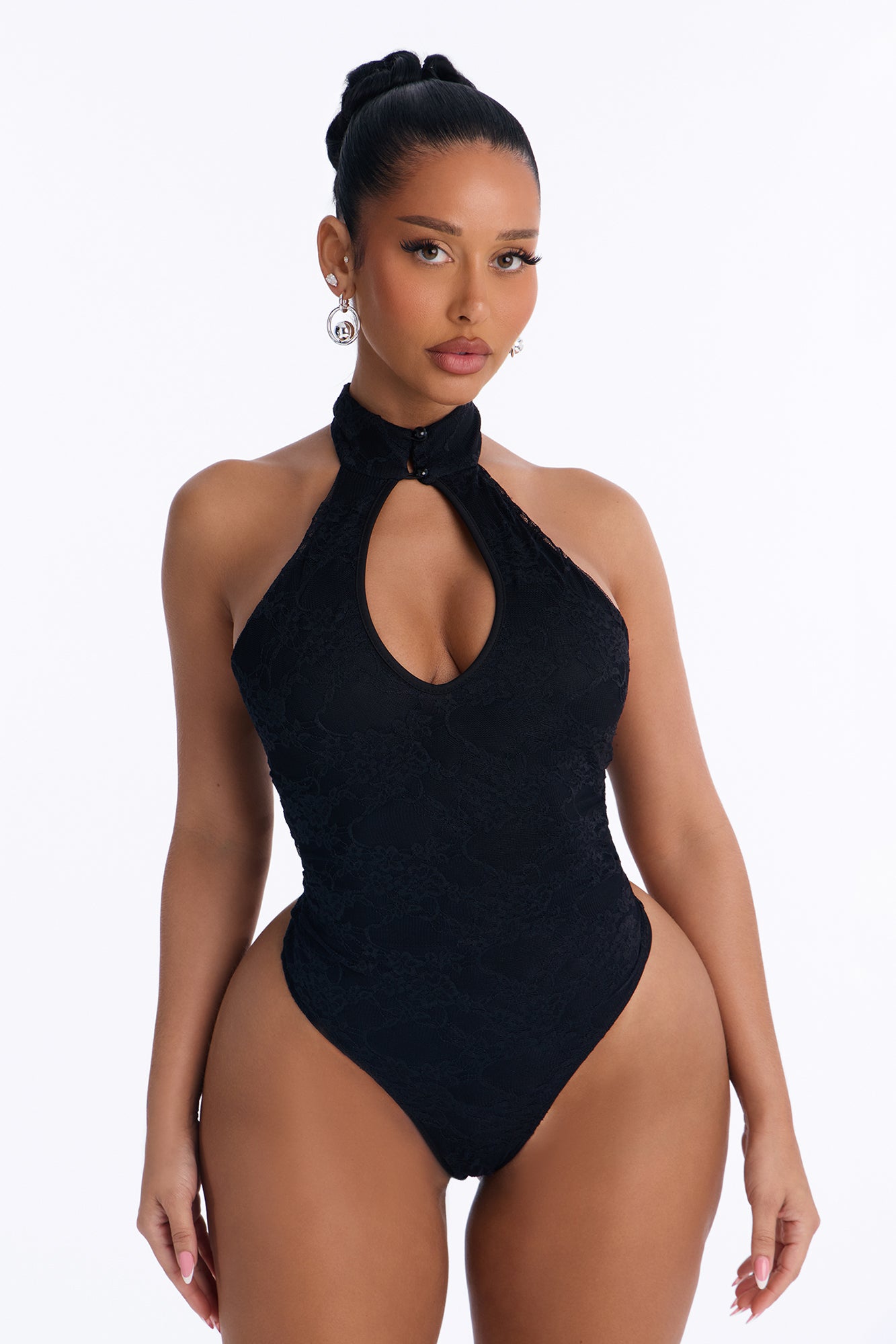Sotainy Lace Mock Neck Bodysuit - Black