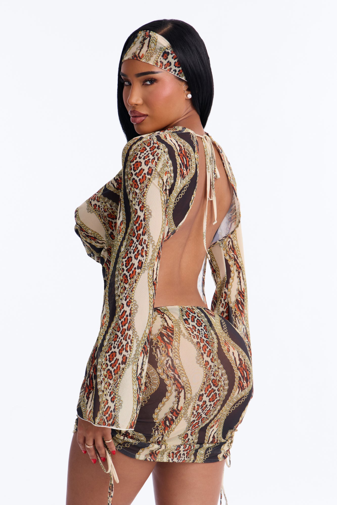 On Miami Time Mesh Long Sleeve Cover Up Dress & Headwrap - Brown/combo