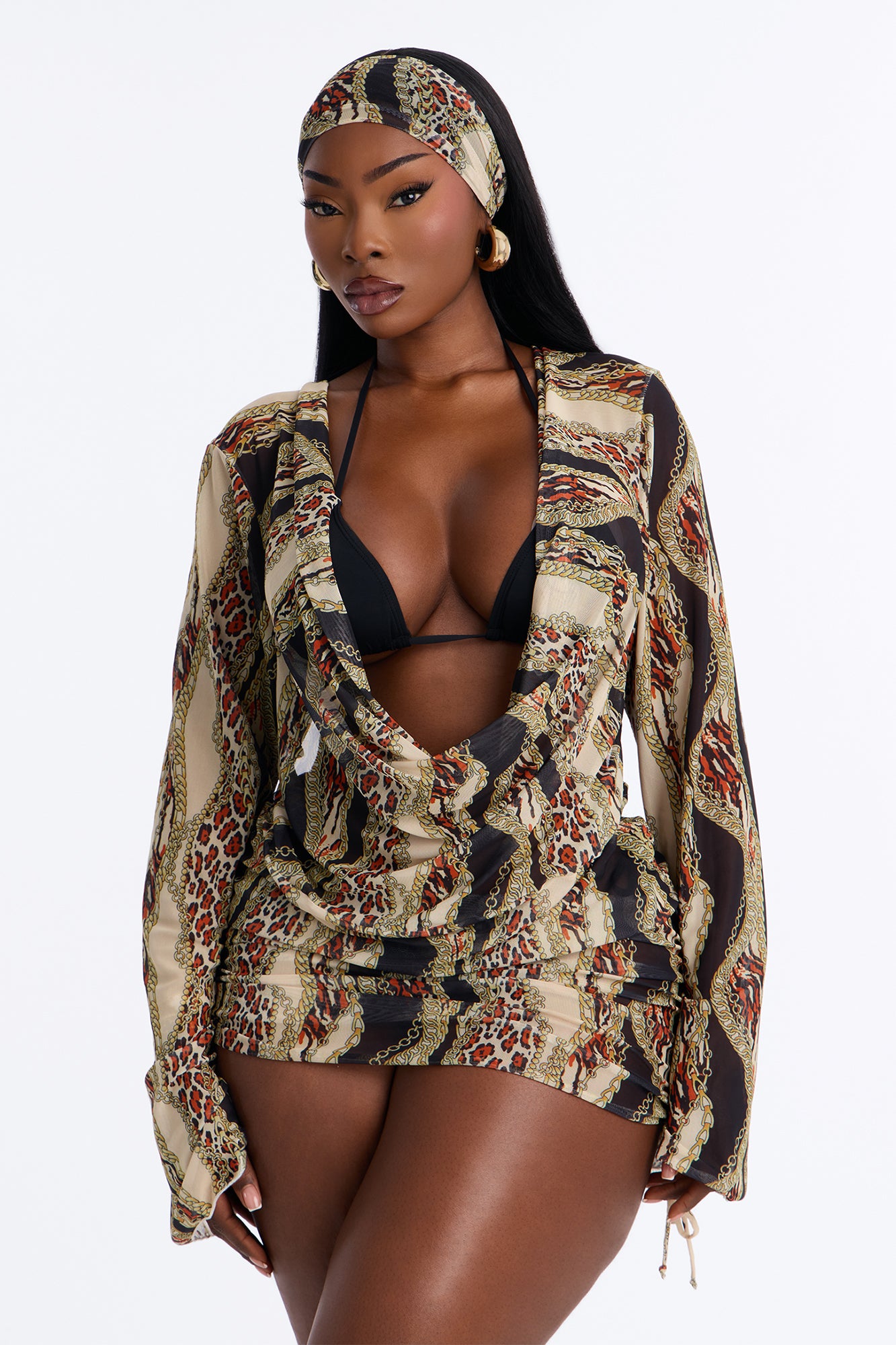 On Miami Time Mesh Long Sleeve Cover Up Dress & Headwrap - Brown/combo