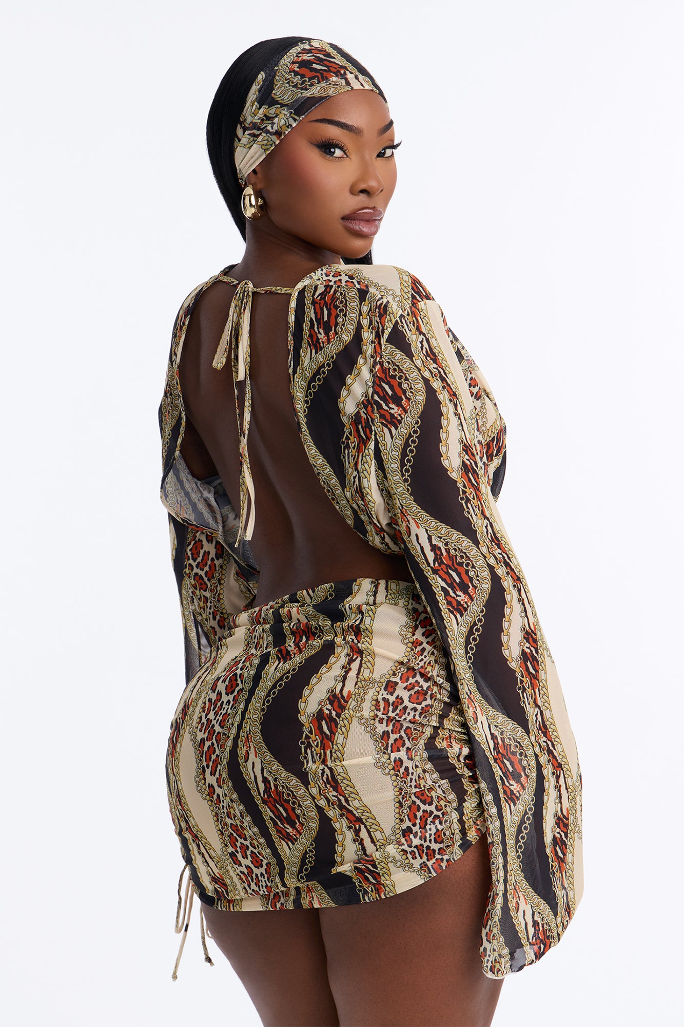 On Miami Time Mesh Long Sleeve Cover Up Dress & Headwrap - Brown/combo