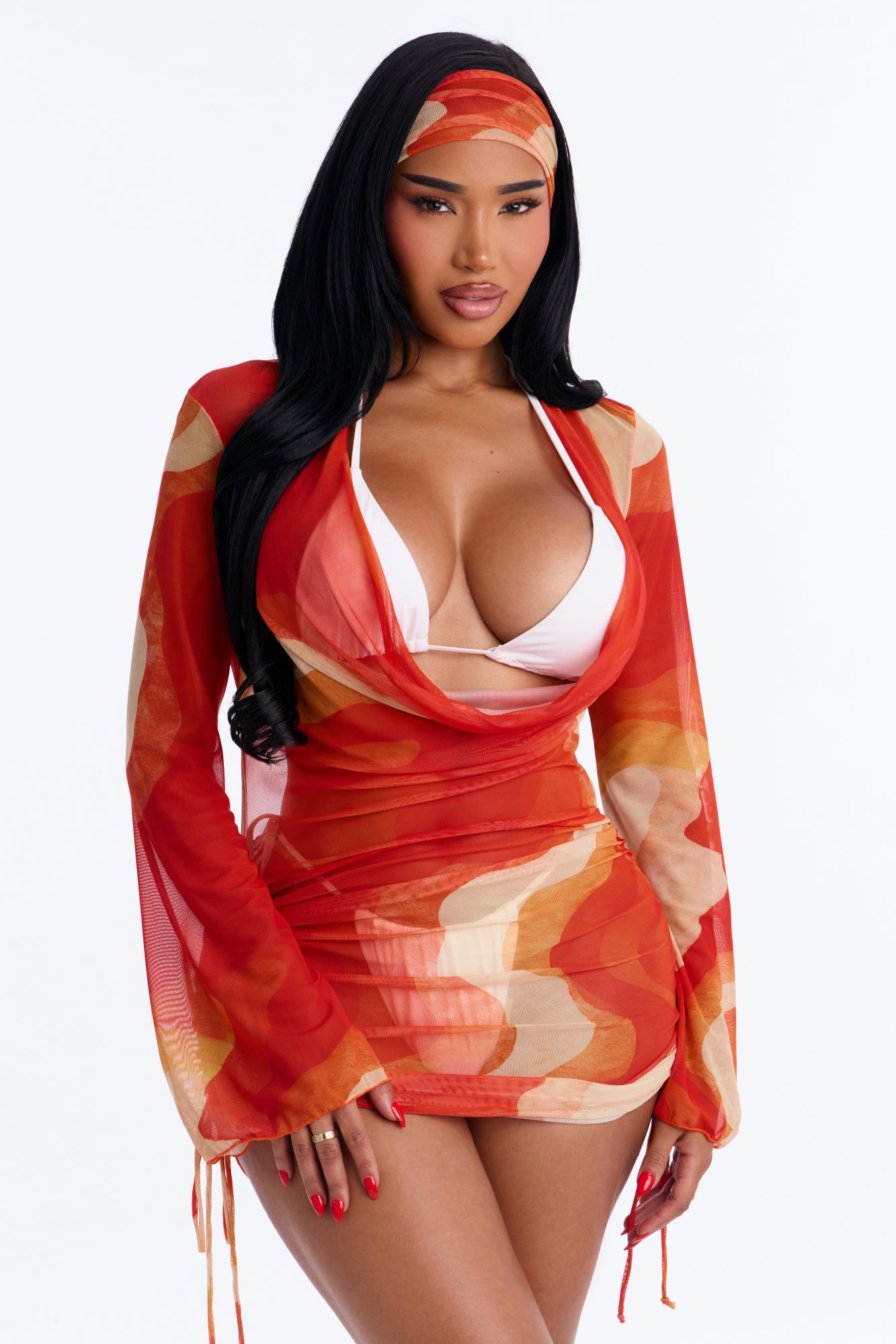 On Miami Time Mesh Long Sleeve Cover Up Dress & Headwrap - Orange/combo