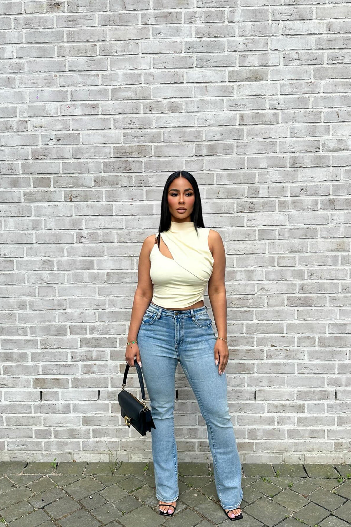 Ilona Mock Neck Cut Out Top - Cream