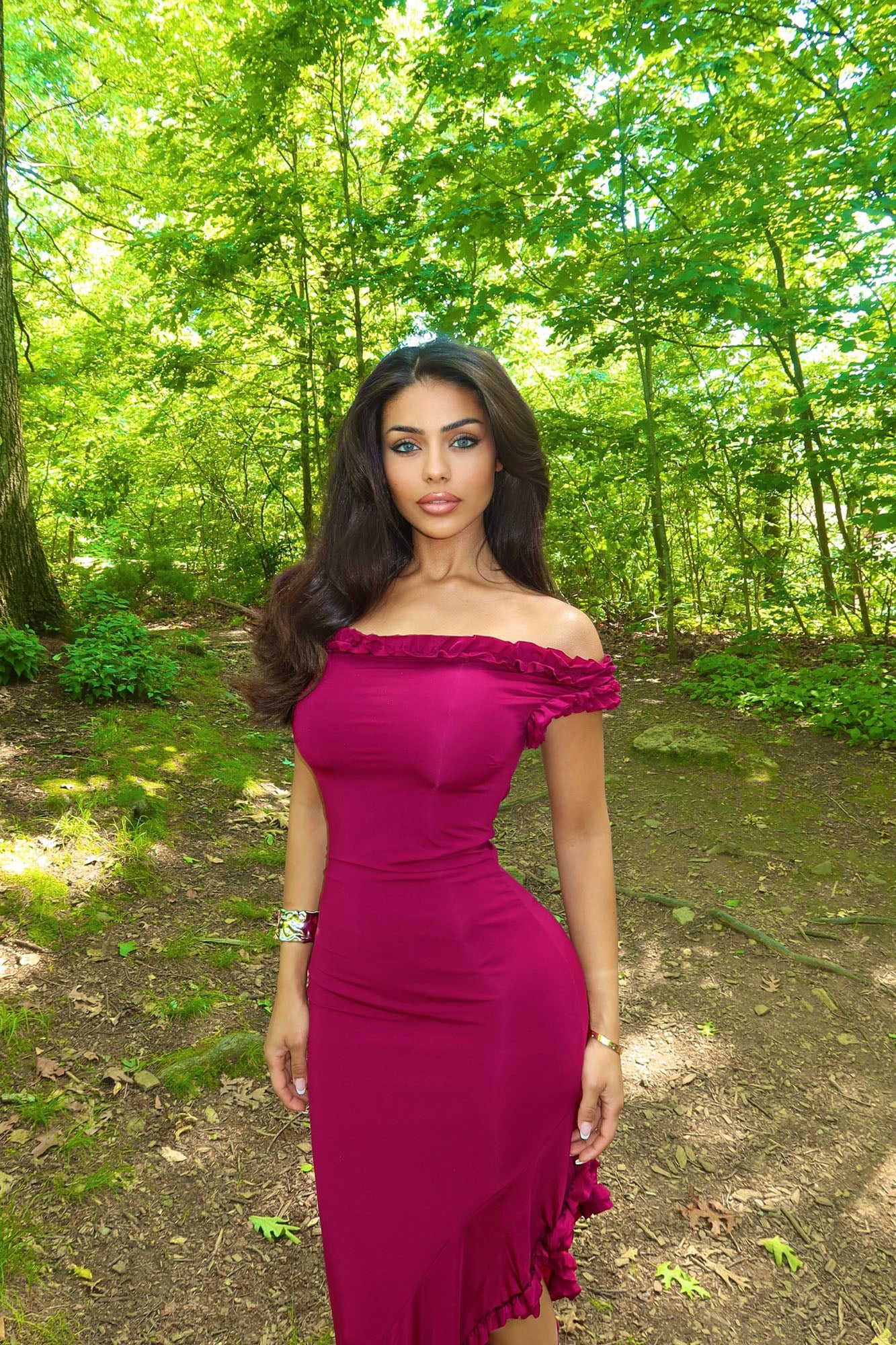 Andrea Ruffle Maxi Dress - Magenta