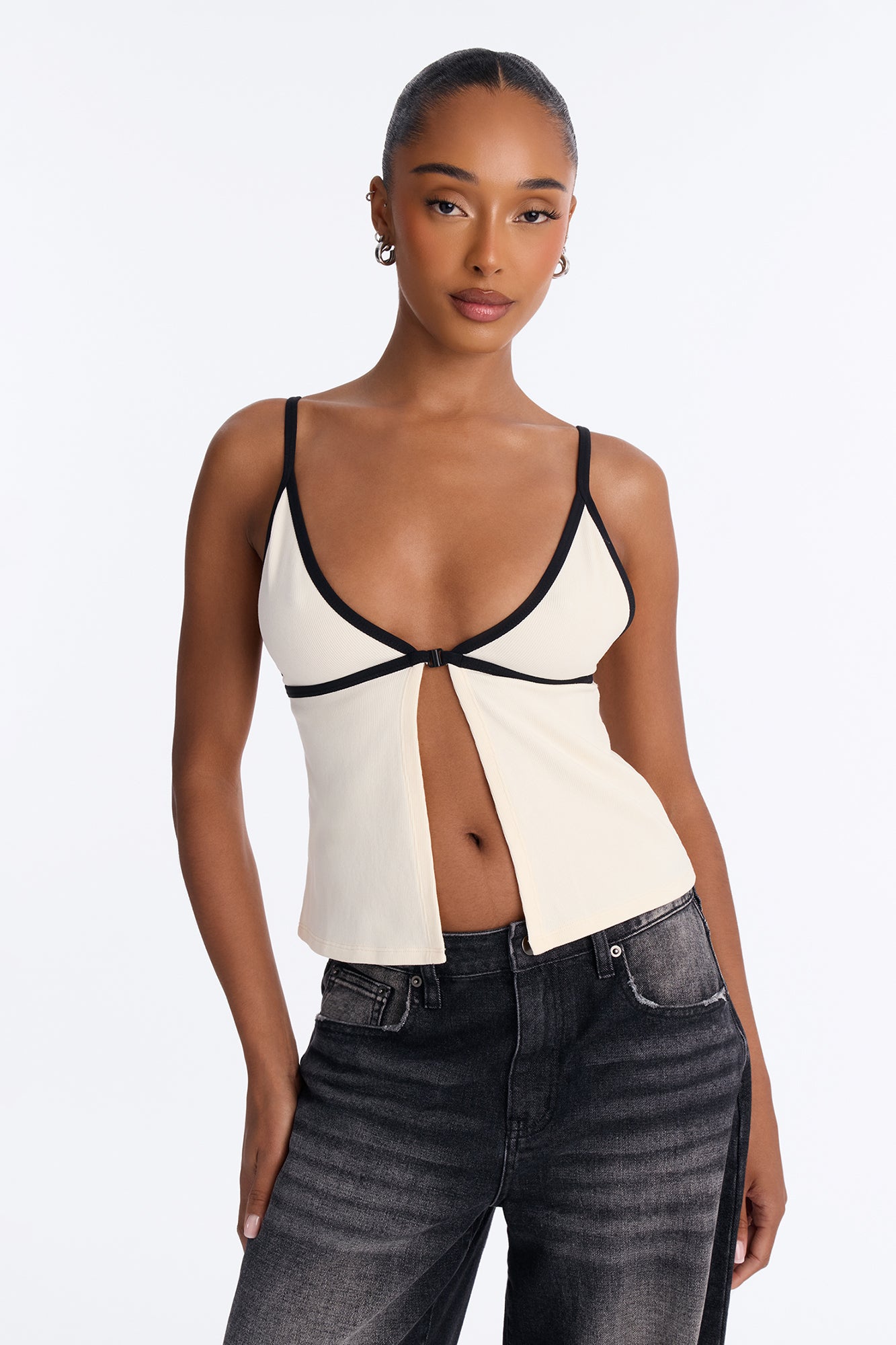 Kenny Contrast Ribbed Flyaway Tank Top - Cream/combo