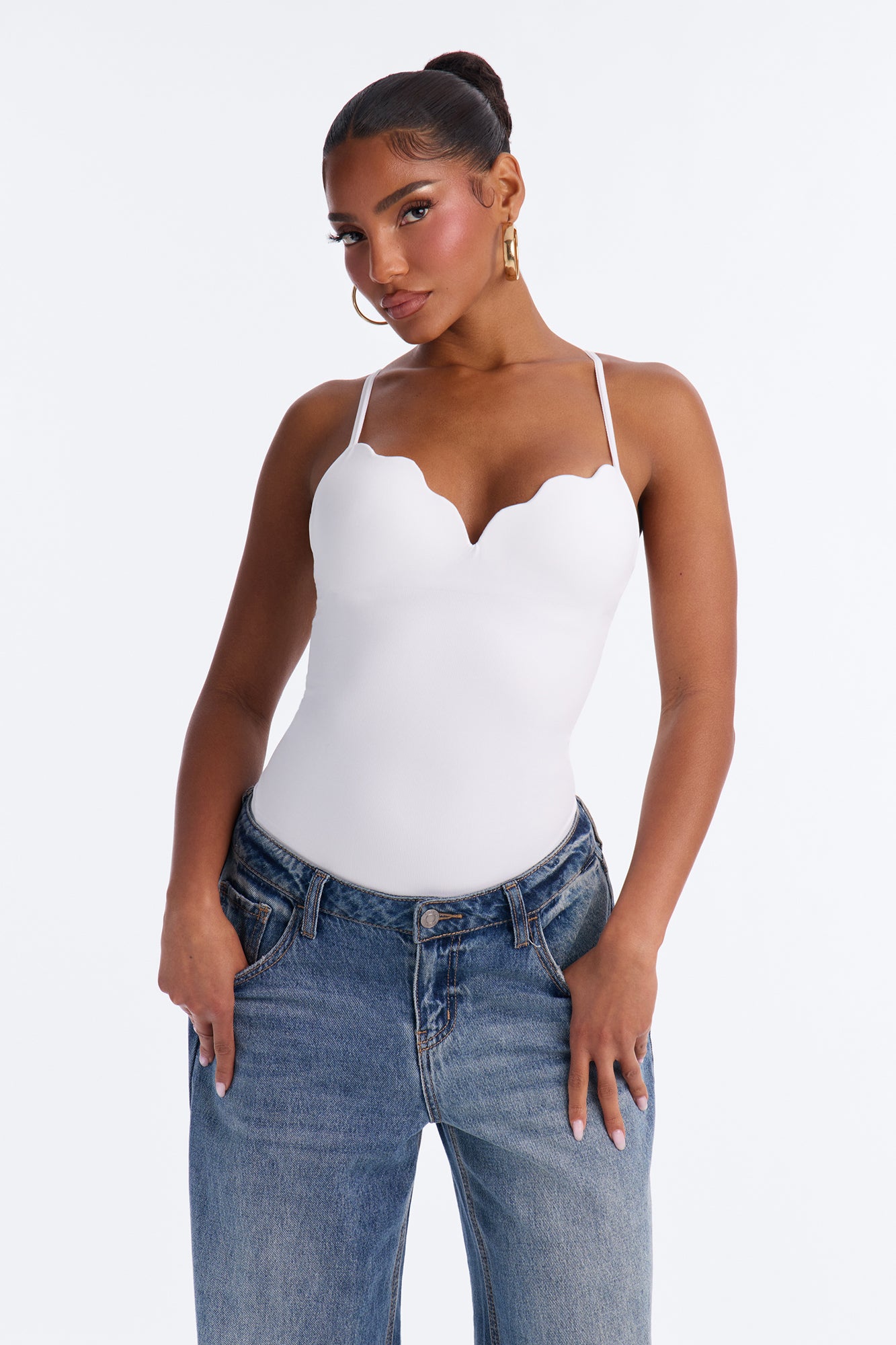 Sydney Padded Scallop Neck Seamless Bodysuit - White
