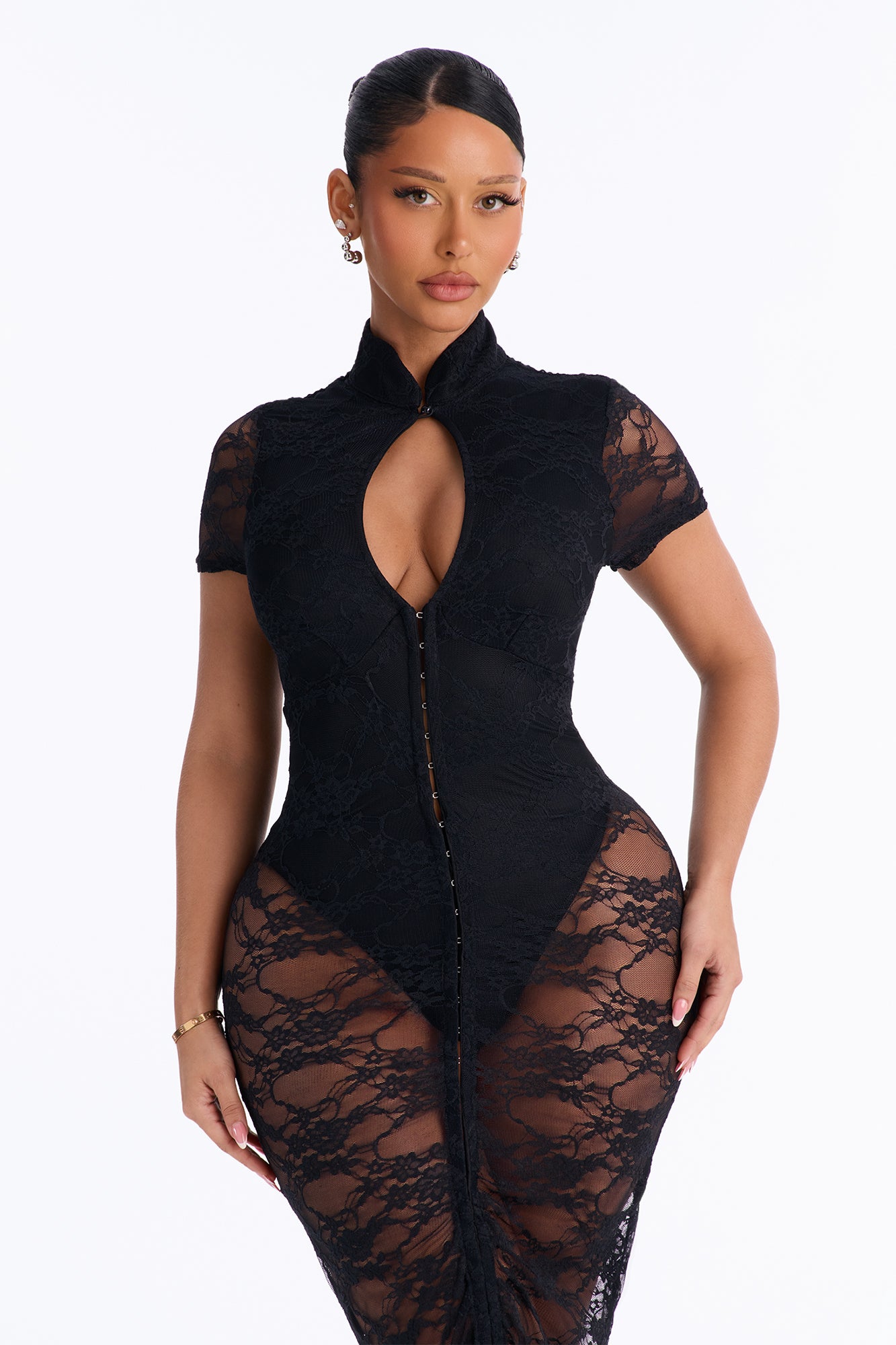 Lucky For You Short Sleeve Lace Midi Dress - Black
