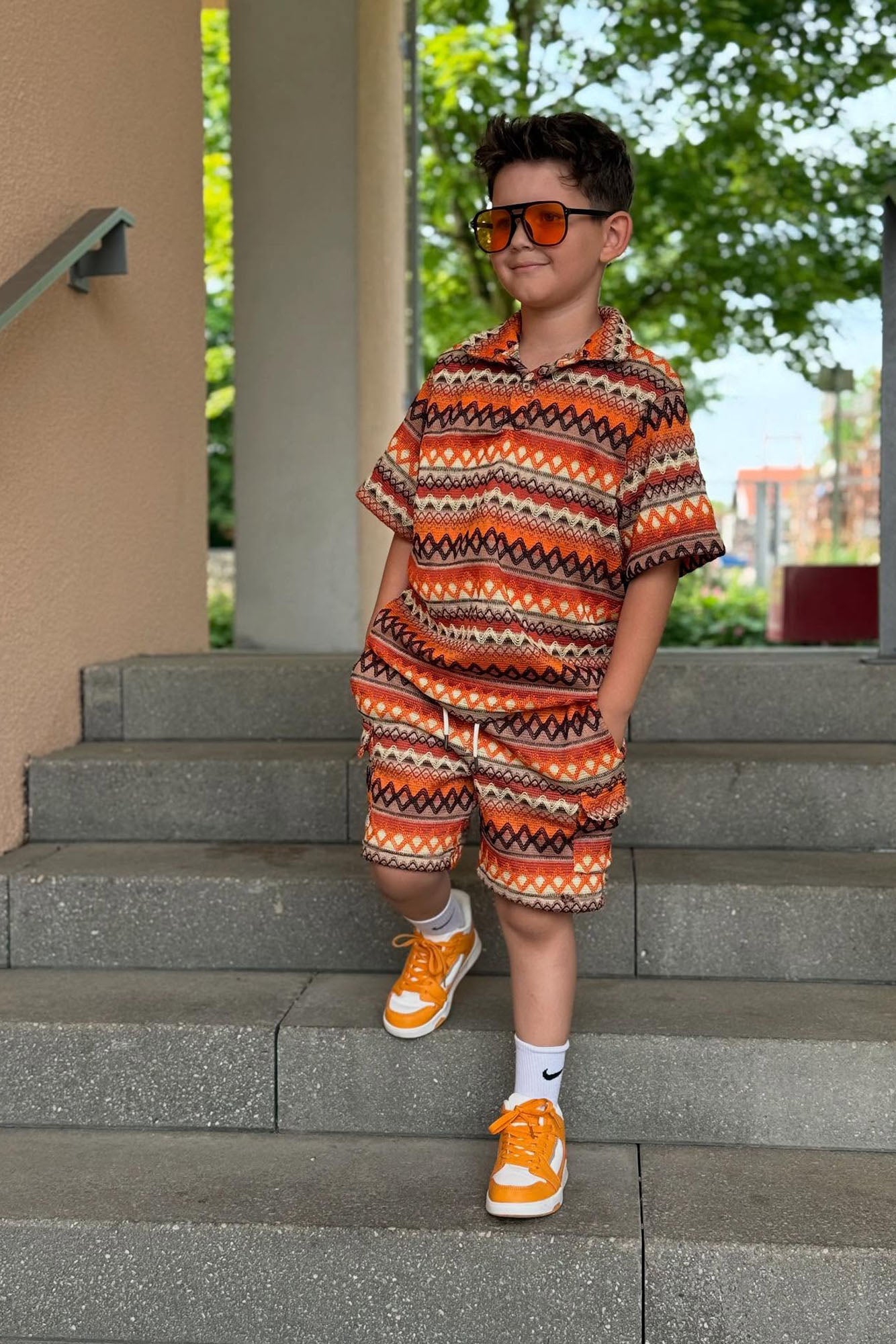 Mini Sunset Pattern Drawstring Shorts - Brown/combo
