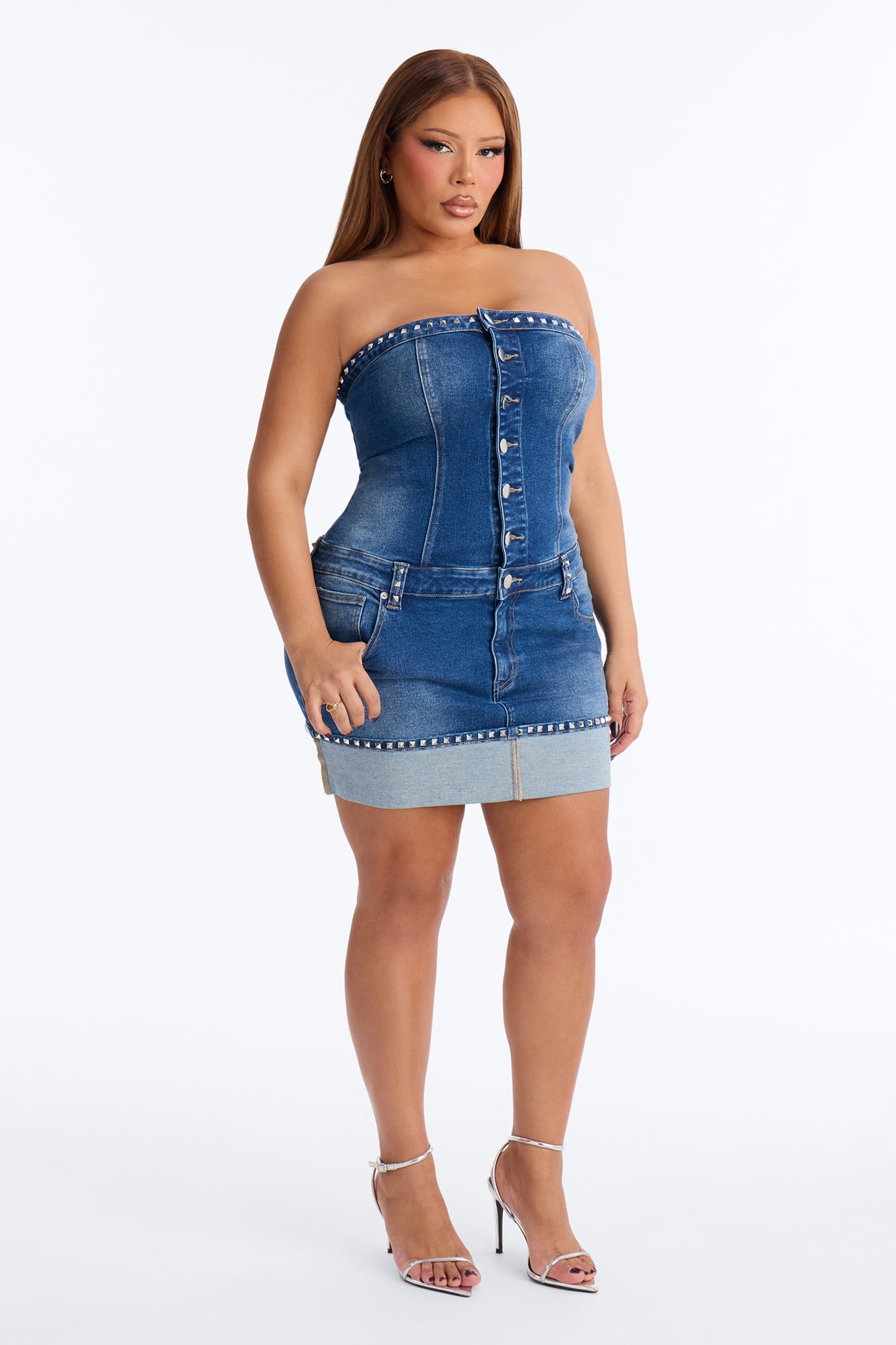 Bri Studded Denim Mini Dress - MediumWash