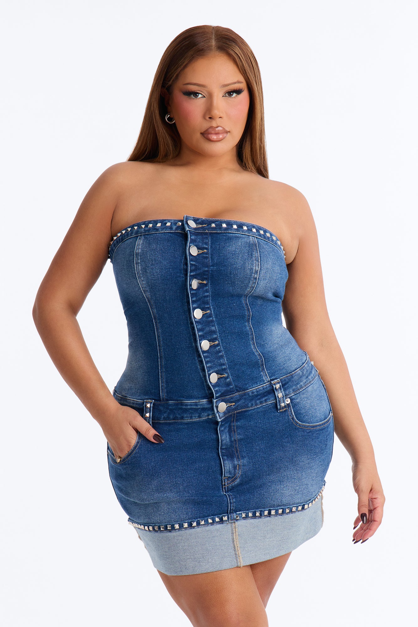 Bri Studded Denim Mini Dress - MediumWash