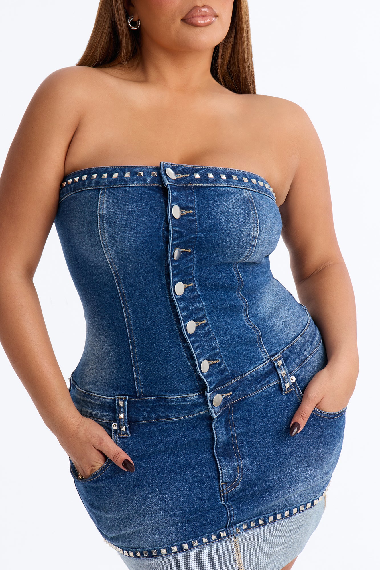 Bri Studded Denim Mini Dress - MediumWash