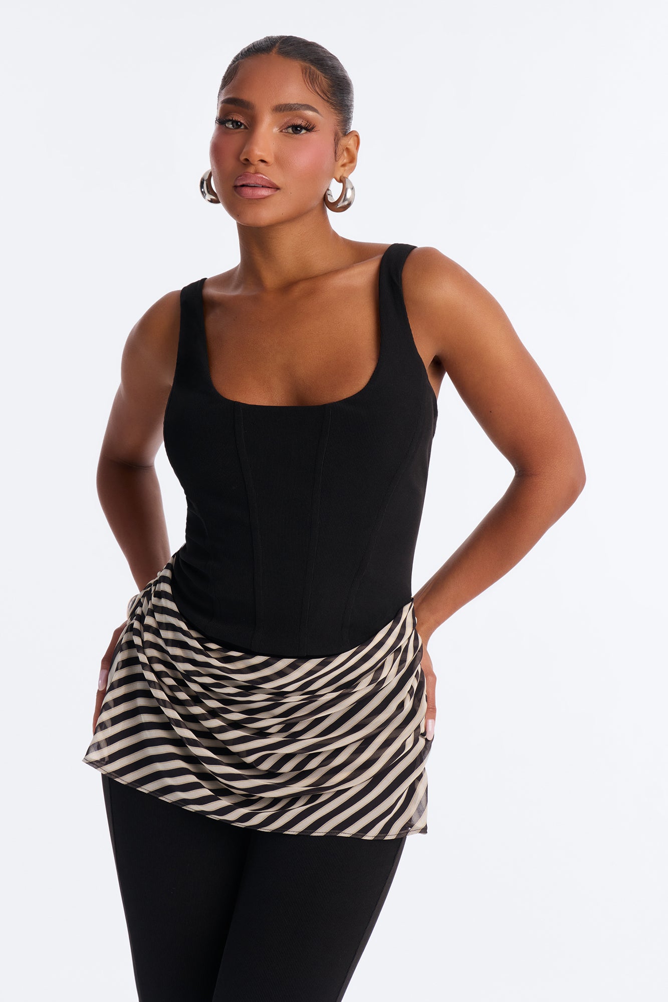 Kendall Ribbed Draped Skirt Capri Jumpsuit - Black