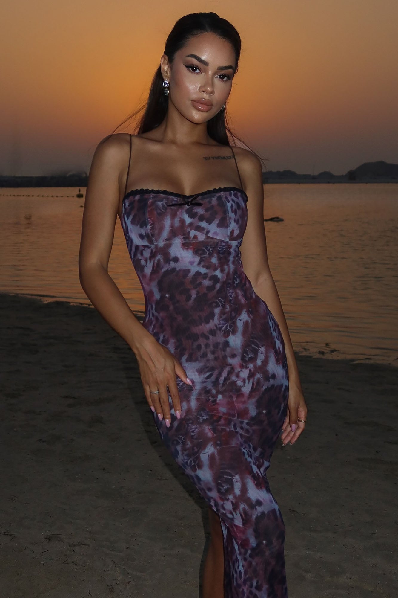 Avery Mesh Leopard Midi Dress - Brown